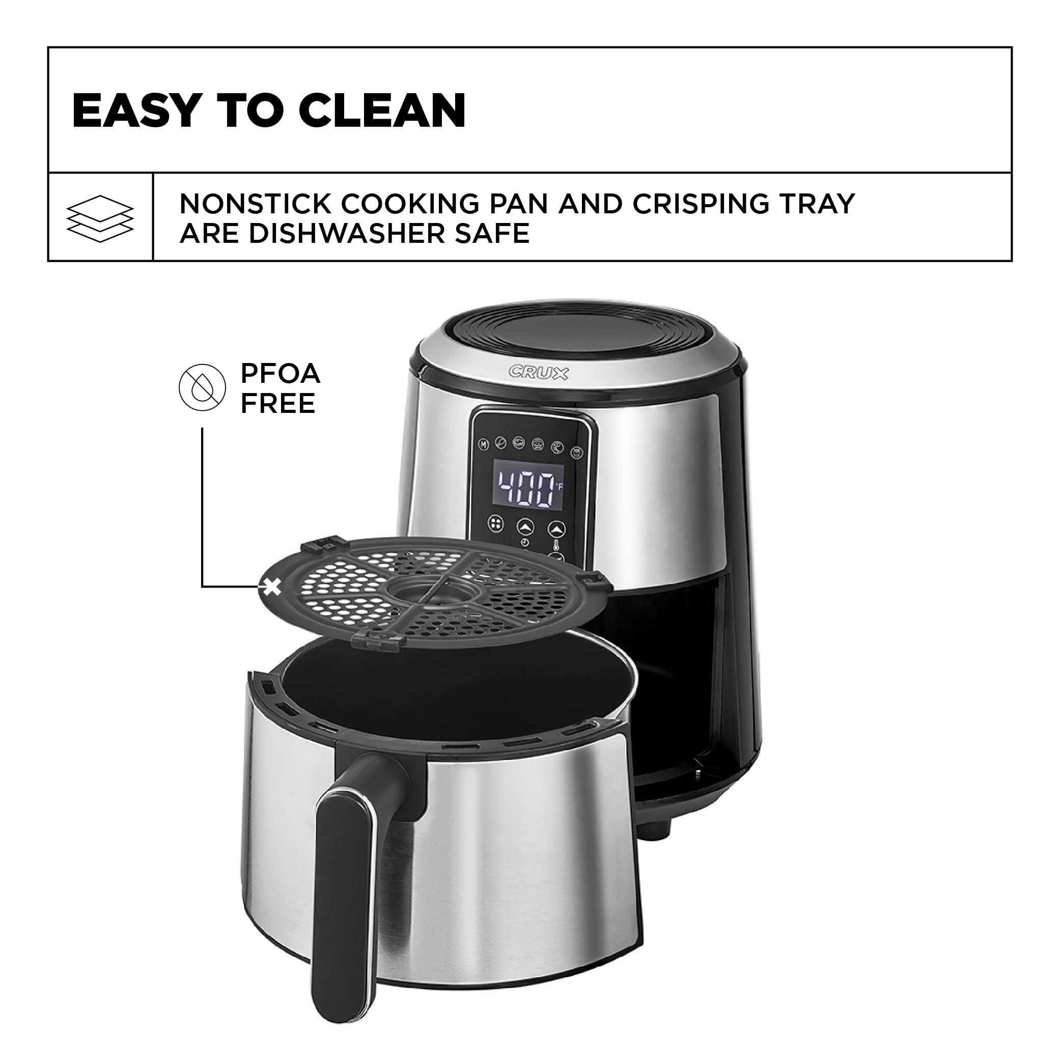 Crux 3QT Digital Air Fryer - Fast Preheating, Oil-Free Healthy Cooking, Evenly Cooked Meals, Dishwasher Safe Non-Stick Basket & Crisper Tray, Stainless Steel Design - Perfect for Quick Family Dinners, Healthy Snacks & Meal Prep