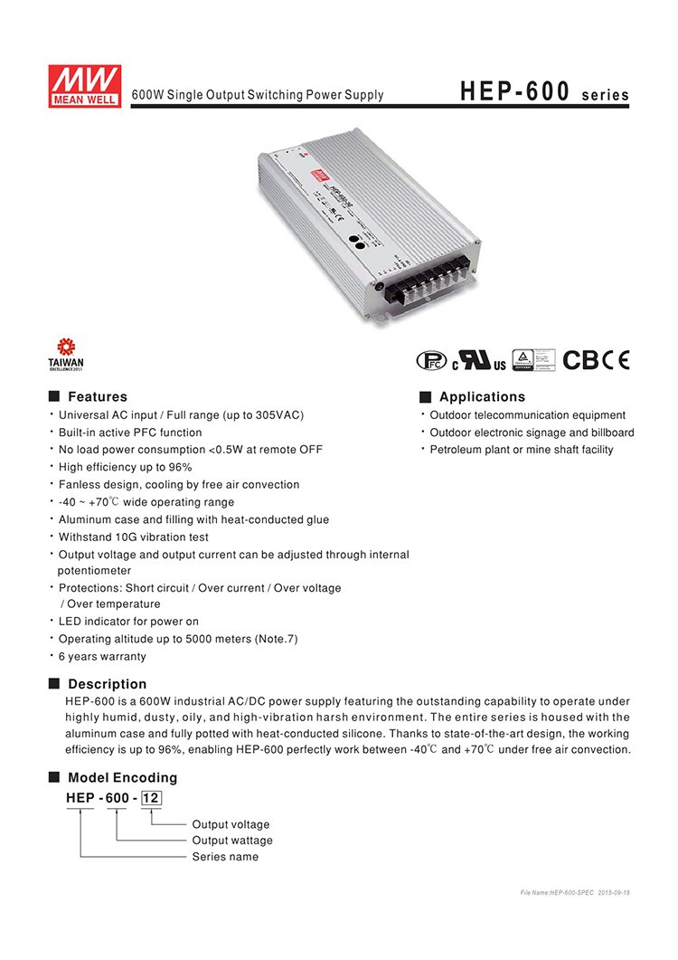 MEAN WELL HEP-600-54 600W Single Output Switching Power Supply - 54V 11.1A AC/DC Converter - Reliable Power Source for LED Displays, Industrial Equipment & Telecom Systems