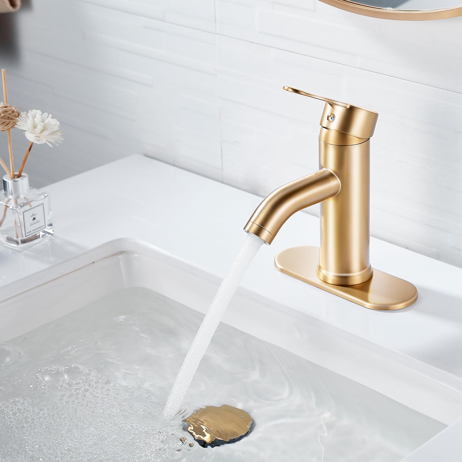 Brushed Gold Single Handle Modern Bathroom Faucet - 1 or 3 Hole Installation with Pop-Up Drain - Perfect for Vanity Wash Basin, RV Sink & Small Space Bathrooms (Brushed Gold, Short)