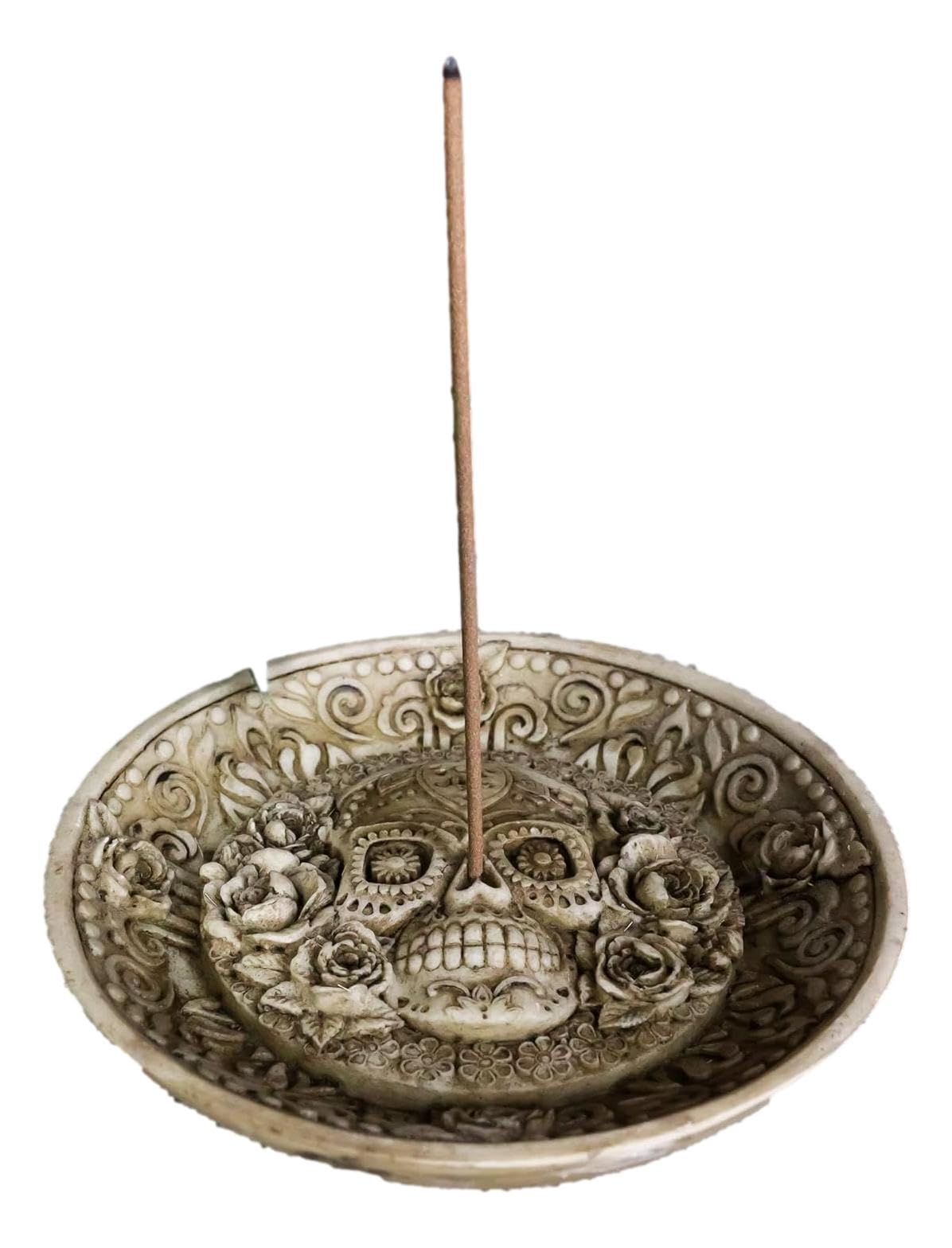 Ebros Day of The Dead Sugar Skull Incense Burner - Floral Rose Medallion Dish for Aromatherapy & Jewelry Display - Perfect for Halloween Decor, Dia de Los Muertos Altars & Home Decorative Accents