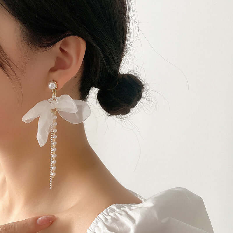 Elegant Chiffon Pearl Bow Drop Earrings for Women - Long Chain Dangle Earrings with Pearl Accents | Perfect for Weddings, Parties & Special Occasions