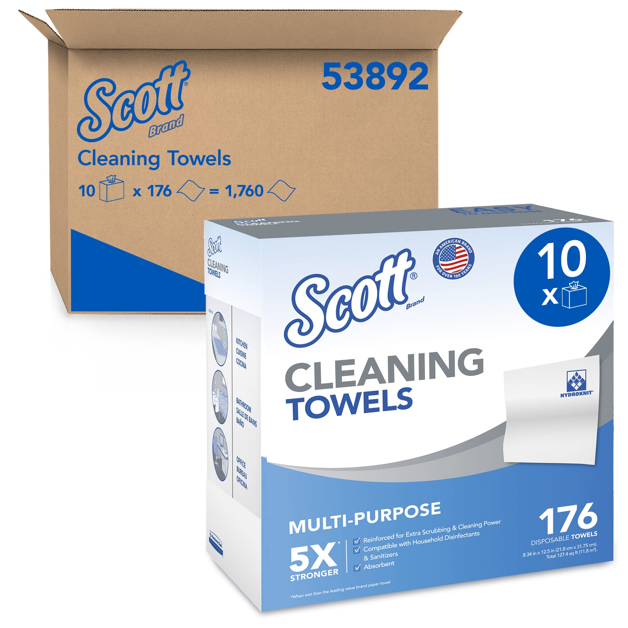 Scott Cleaning Towels (53892) - White, 176 Towels per Box, 10 Boxes per Case (1,760 Towels) - Bulk Disposable Towels for Commercial Cleaning, Janitorial Supplies, and Industrial Use