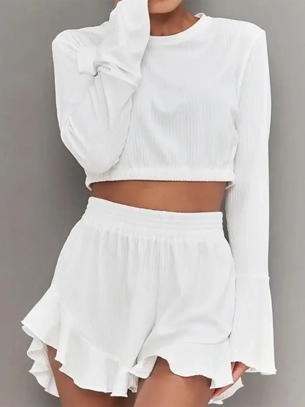 Stylish Long Sleeve Top & Ruffled Shorts Set for Women | Summer Resort Outfit | Beach Vacation, Poolside Lounge, Tropical Getaway