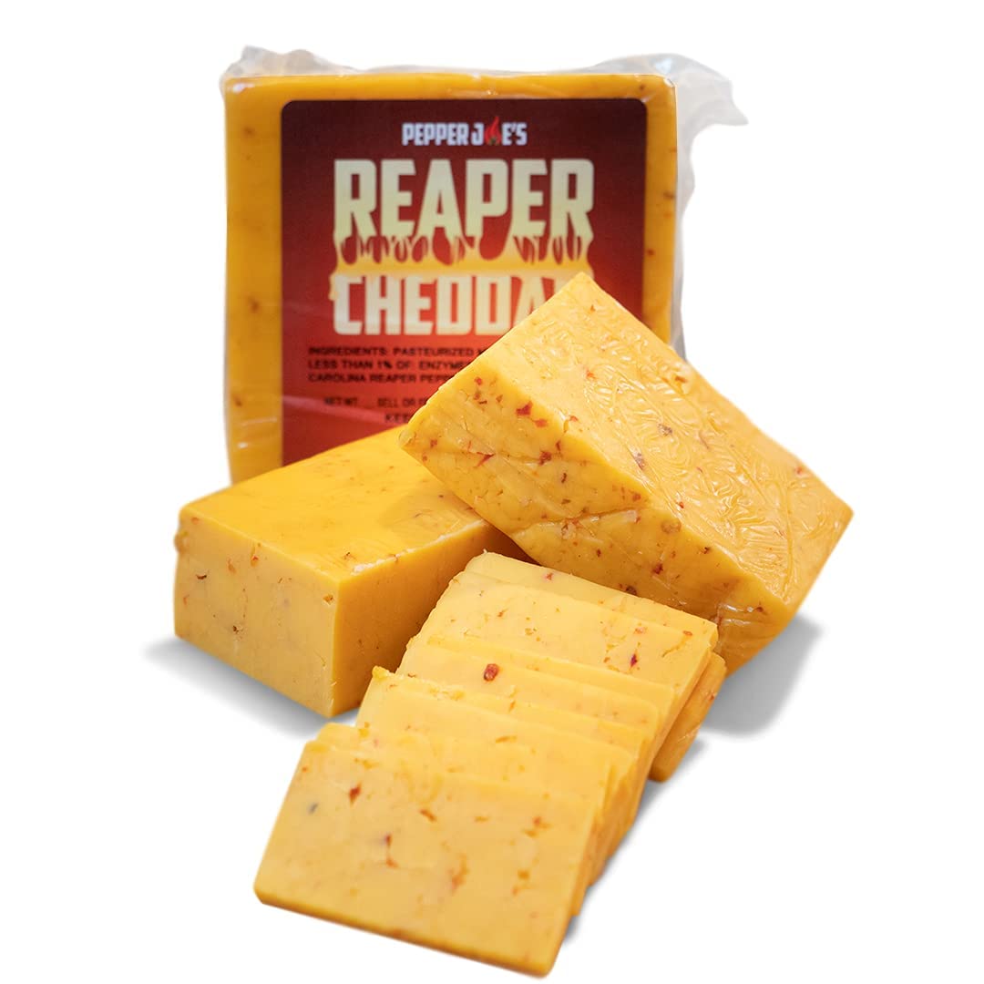 Pepper Joe’s Carolina Reaper Cheddar Cheese – Extra Spicy Wisconsin Cheddar with World's Hottest Chili Pepper – 8-12oz – Perfect for Nachos, Burgers & Spicy Food Lovers