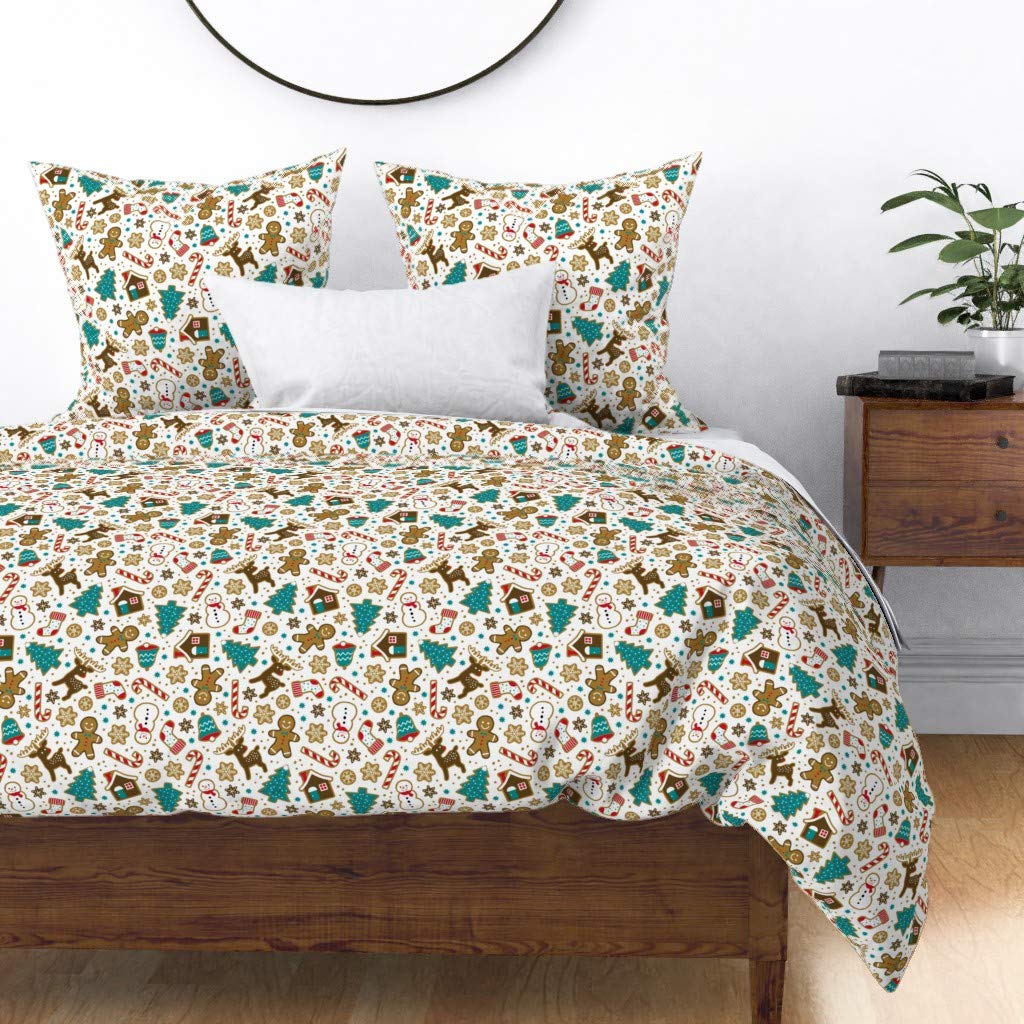 Custom Christmas Gingerbread Cookies & Snowman Print Cotton Sateen Duvet Cover for Twin Bed | Winter Holiday Deer Pattern Bedding Set for Cozy Seasonal Decor