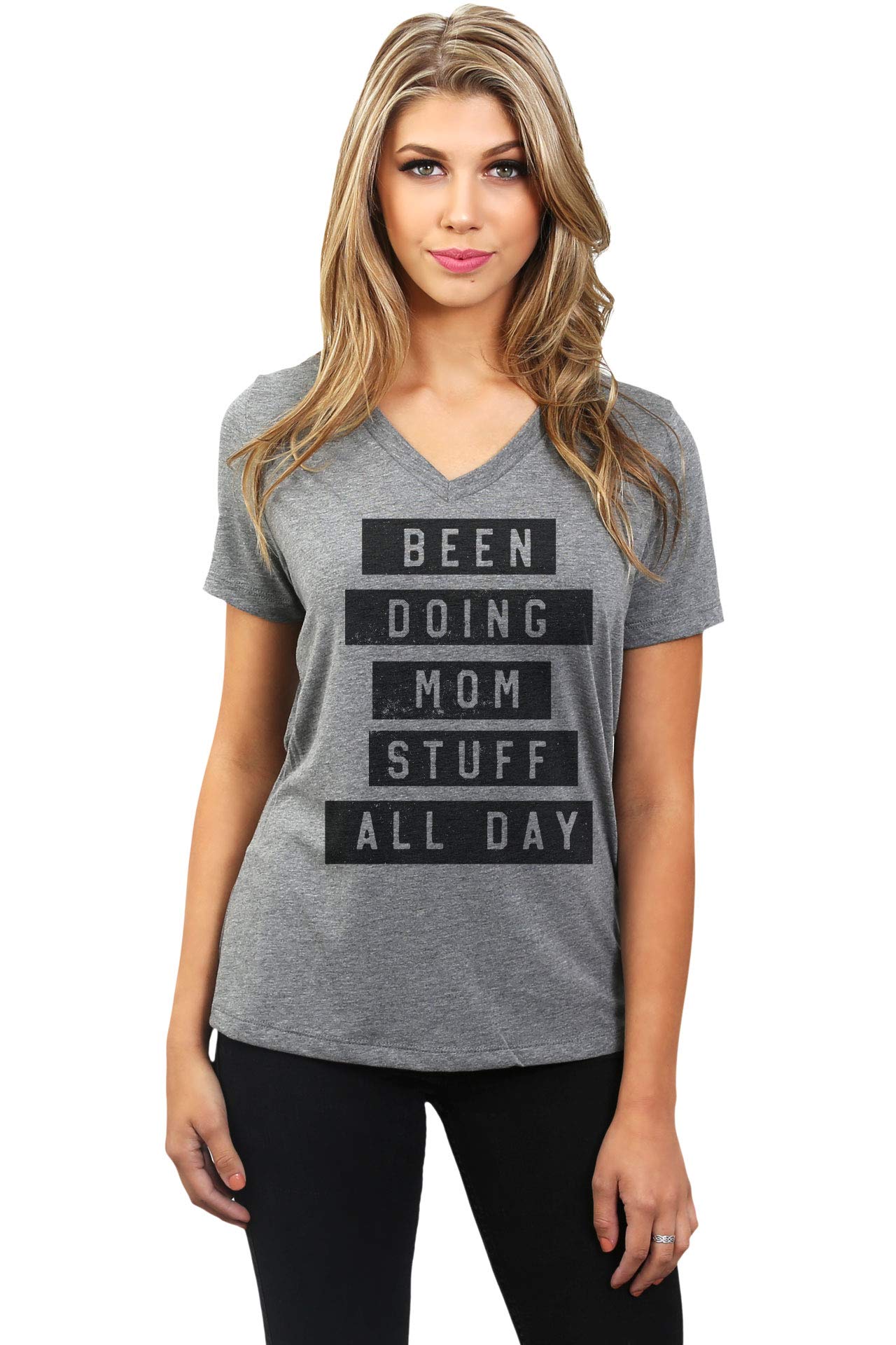 Comfy Women's Relaxed V-Neck T-Shirt - 'Been Doing Mom Stuff All Day' Funny Graphic Tee for Casual Wear & Mom Life