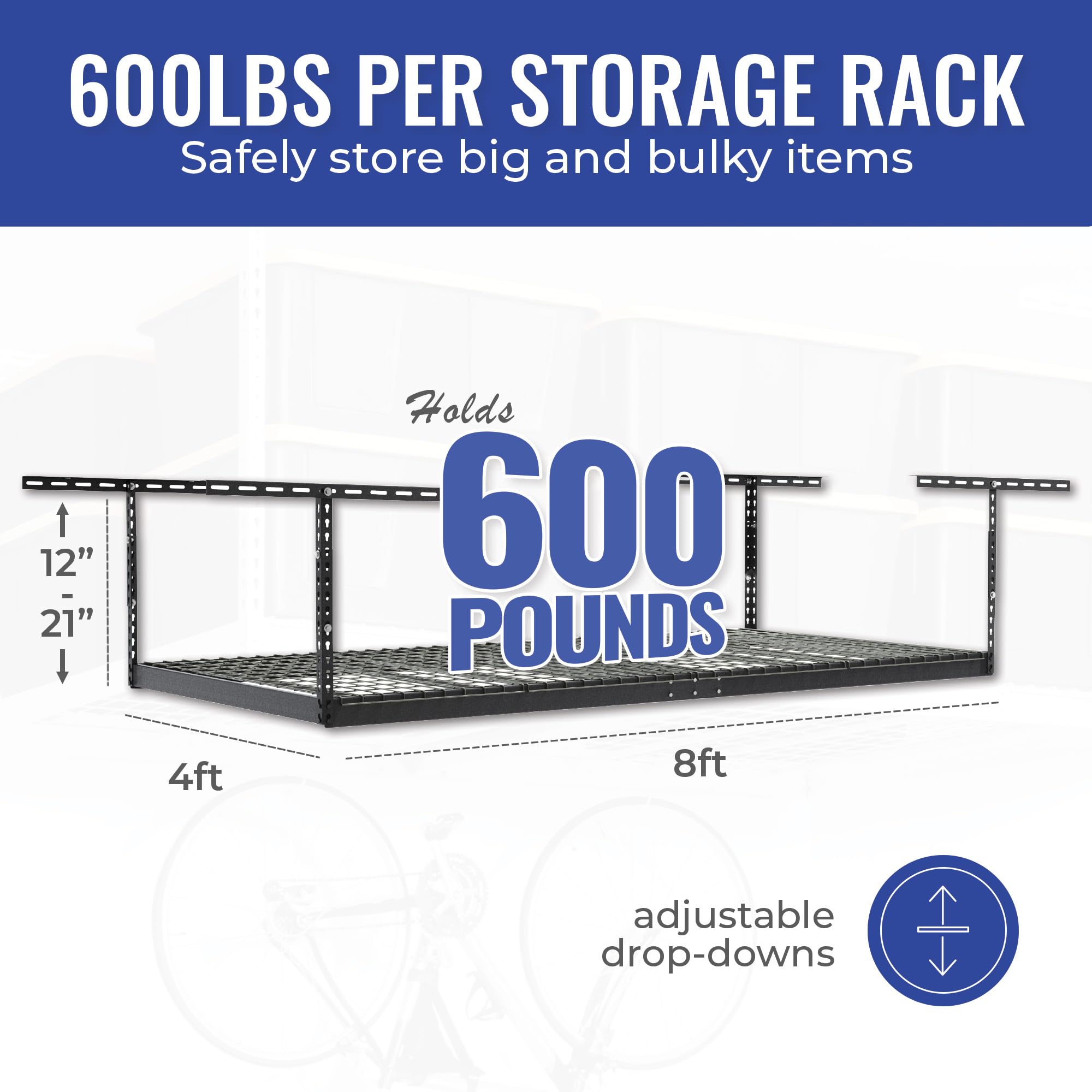 Heavy Duty Overhead Garage Storage Rack - 600 lb Capacity Adjustable Ceiling Mount Organizer (4x8 Hammertone, 12