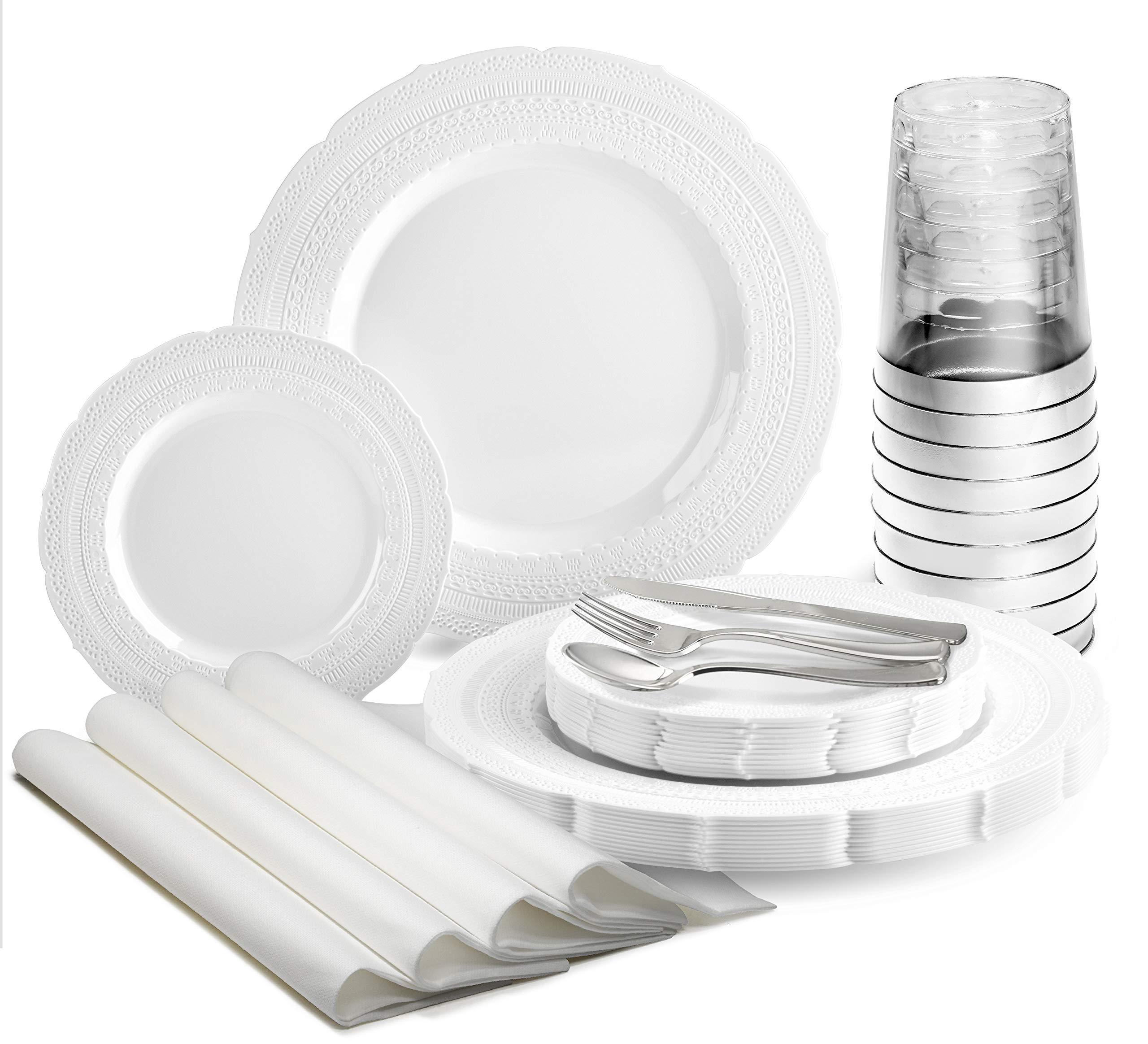 840-Piece Heavyweight Disposable Plastic Wedding Plate Set - 120 x 11'' Dinner Plates, 120 x 7'' Dessert Plates, Silverware, Cups & Napkins (Chateau White) - Perfect for Weddings, Parties, Catering & Large Gatherings