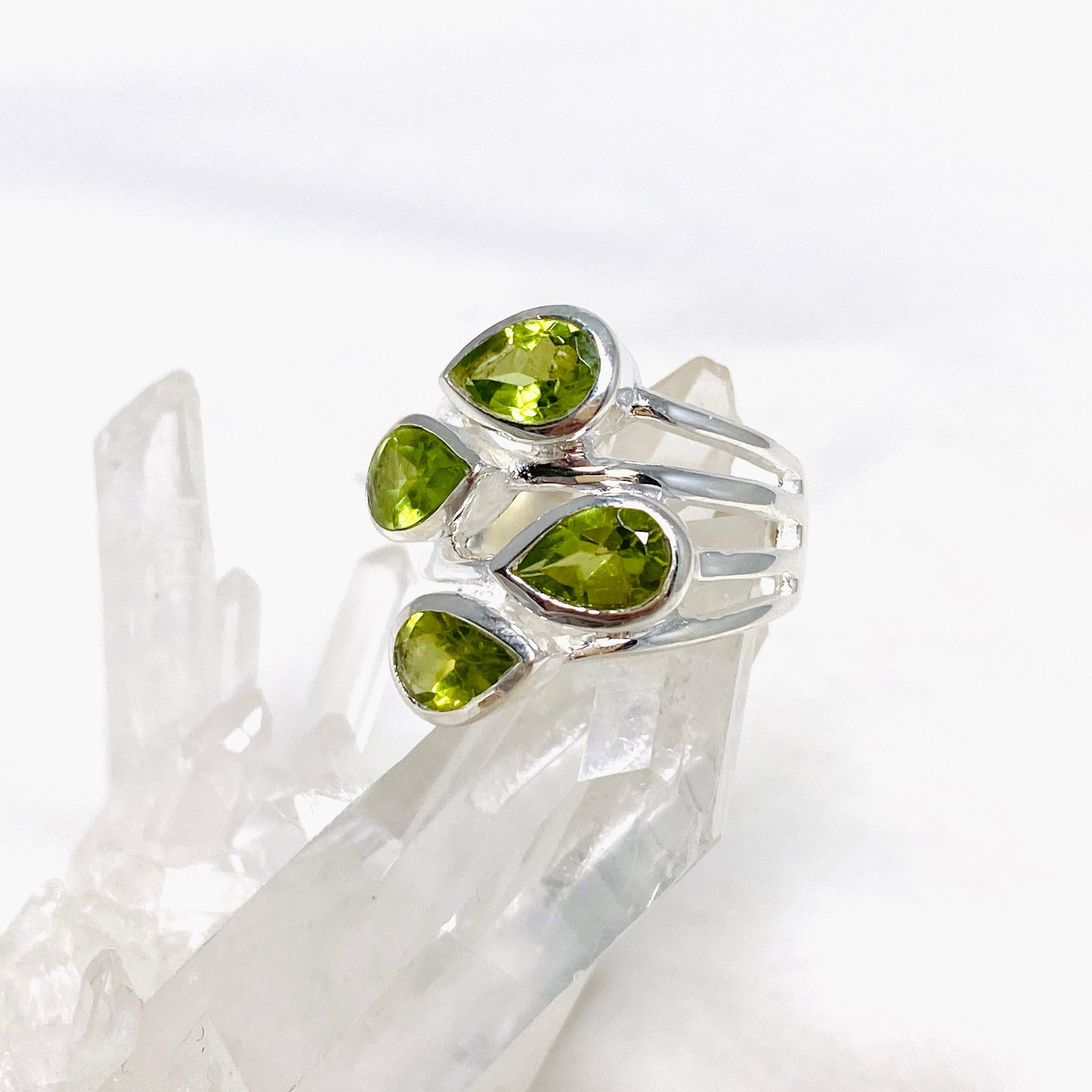Peridot Multi-Stone Faceted Teardrop Ring R3815 - Elegant Green Gemstone Jewelry for Women, Perfect for Weddings, Parties & Special Occasions
