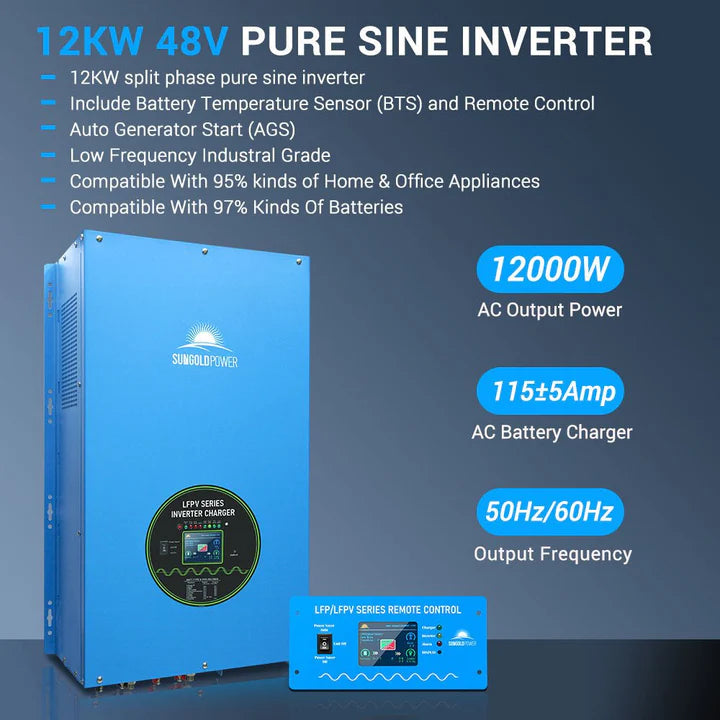 SunGoldPower 12000W 48V Split Phase Pure Sine Wave Inverter Charger - High Power Solar Energy System for Home & RV Off-Grid Living
