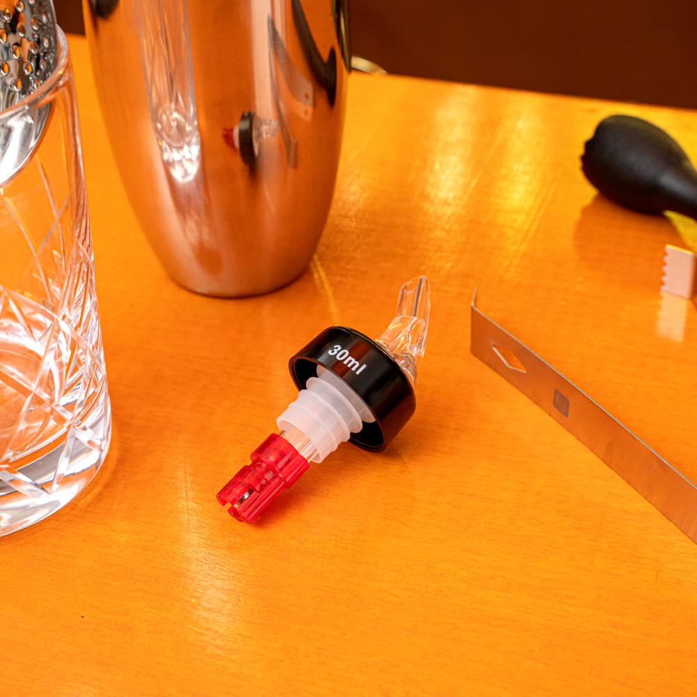 Restaurantware Bar Lux 1 Ounce Liquor Pour Spouts - 50 Pack Leak-Proof Measured Pourers for Alcohol Bottles | Fast Pouring Red Plastic Spouts for Bars, Restaurants & Home Use | Perfect for Cocktail Making, Bartending & Kitchen Organization