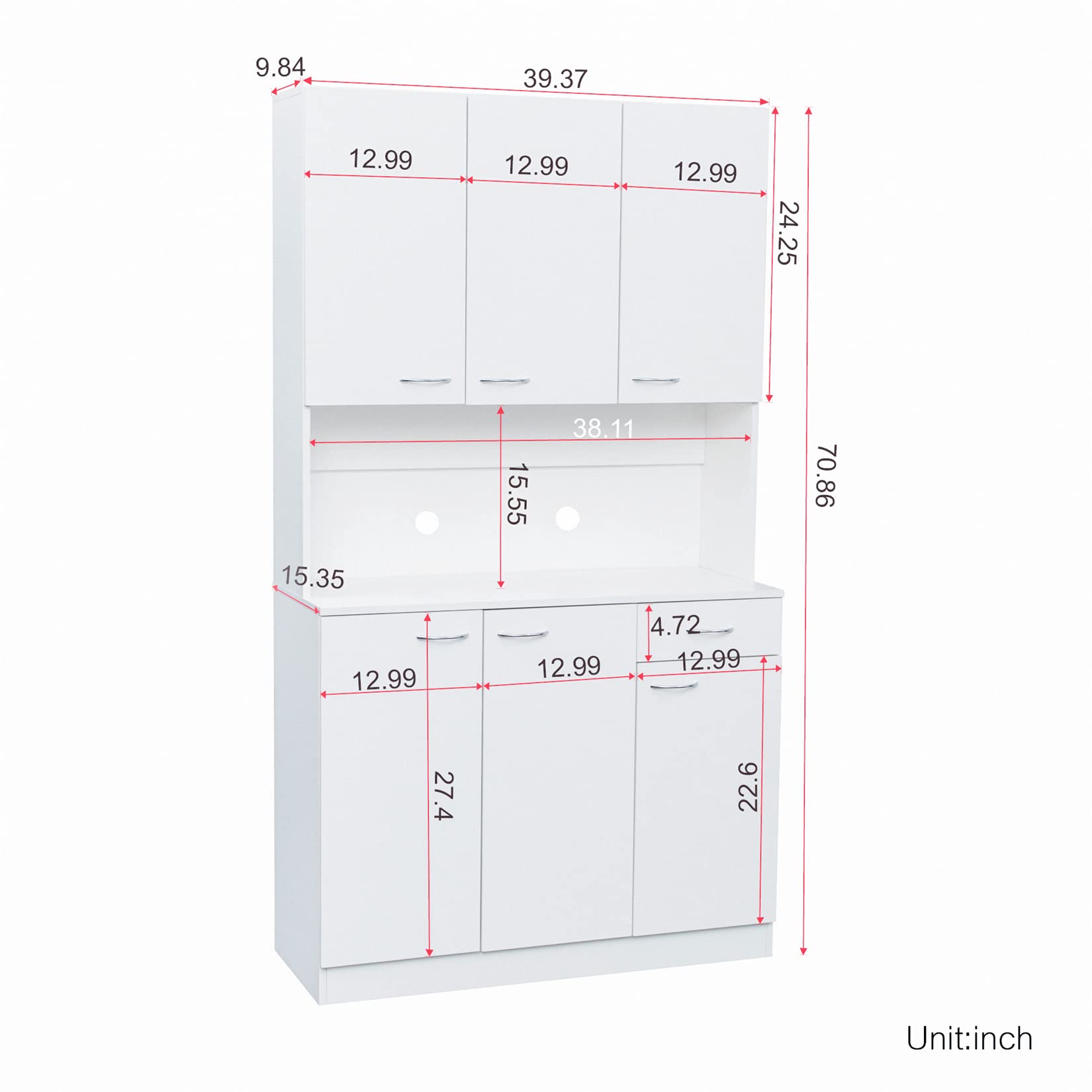 Bellemave 6-Door Kitchen Pantry Storage Cabinet with Adjustable Shelves, Freestanding Buffet Hutch & Microwave Stand with Drawer - White | Perfect for Home, Office & Small Space Organization