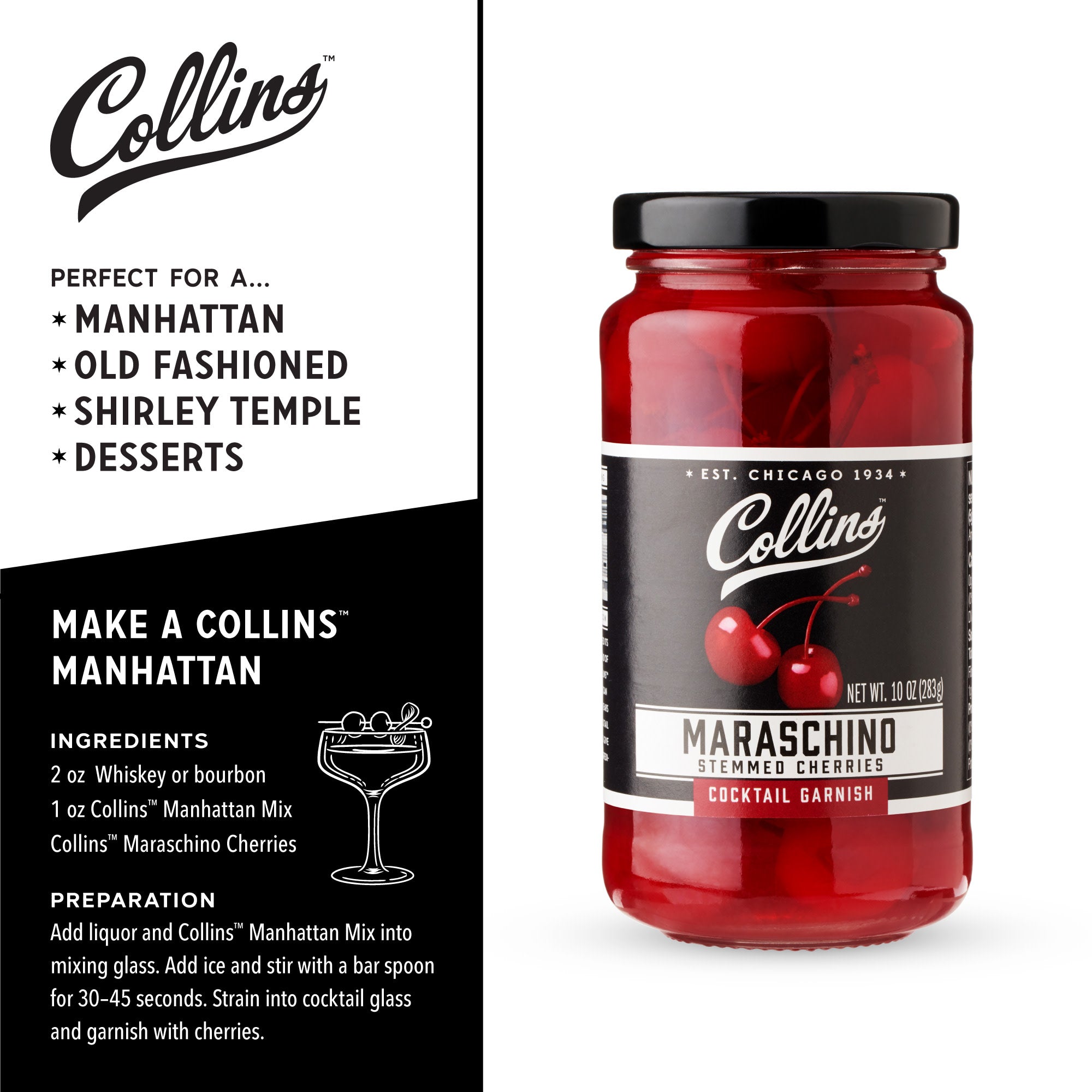 Premium Maraschino Cocktail Cherries 10 oz - Sweet & Juicy Garnish for Martinis, Shirley Temples & Desserts