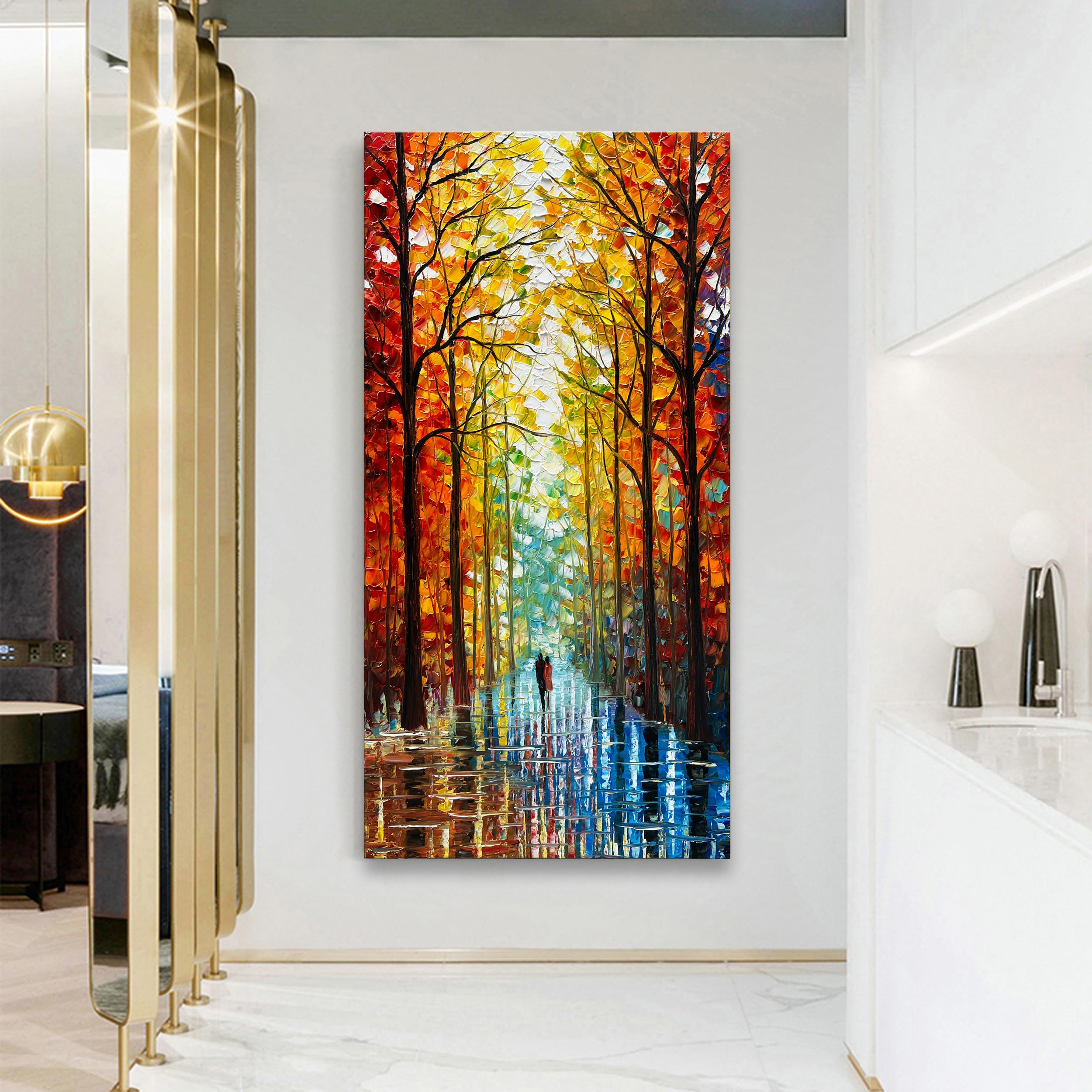Hand-Painted Romantic Landscape Oil Painting - Large Abstract Vertical Wall Art for Home Decor 48x24 Inch - Perfect for Living Room, Bedroom & Office Wall Decoration