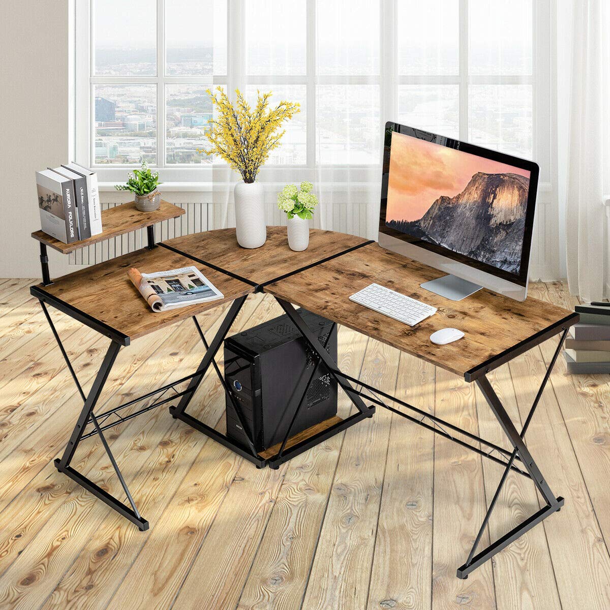 Modern L-Shaped Reversible Corner Desk with CPU Stand - Sturdy Multifunctional Home Office Computer Table, Detachable Design in Brown | Perfect for Small Spaces & Workstations
