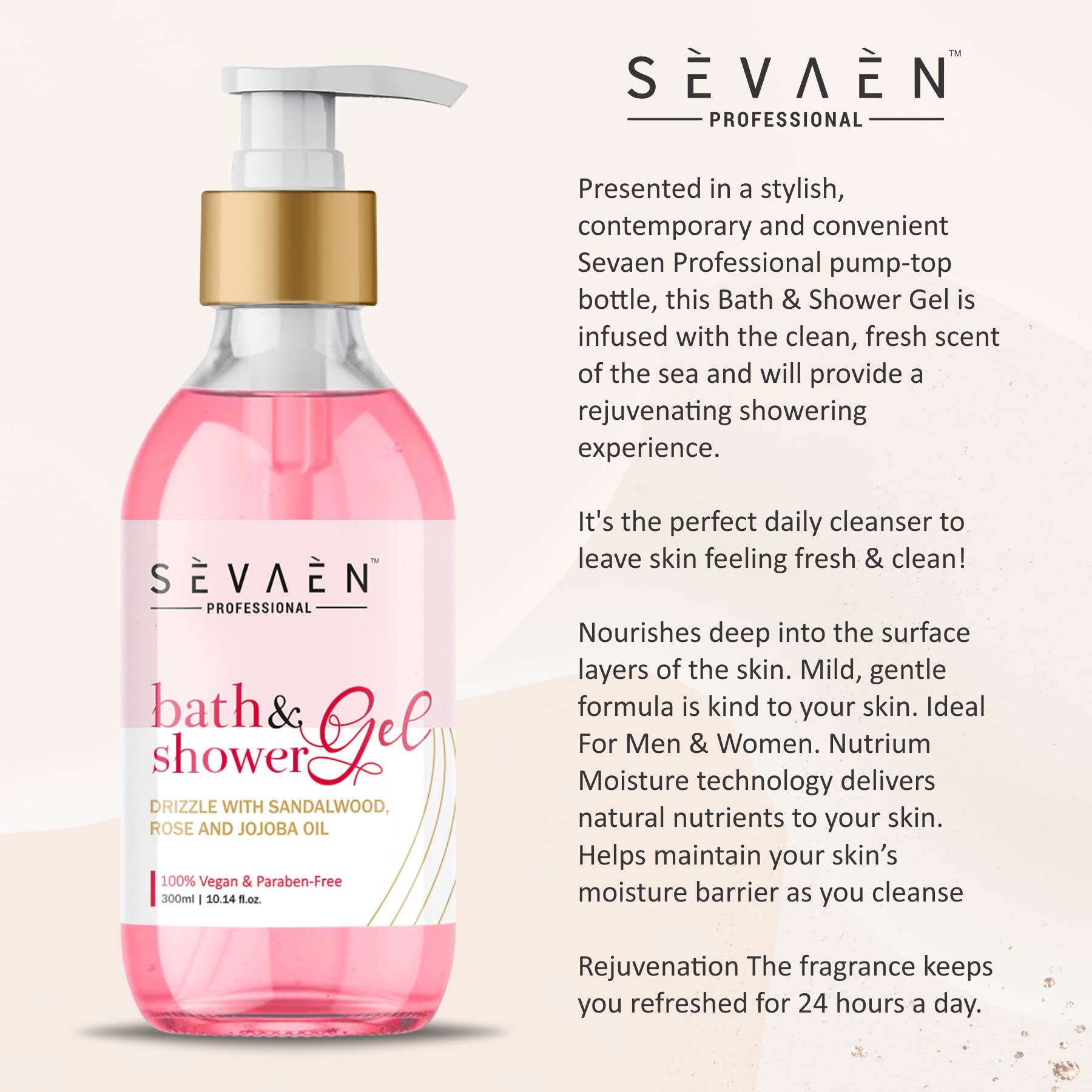 SEVAEN Moisturizing Bath & Shower Gel 300ml - Hydrating Body Wash with Sandalwood, Rose & Jojoba Oil - Luxury Aromatherapy for Relaxing Bath & Spa Experience