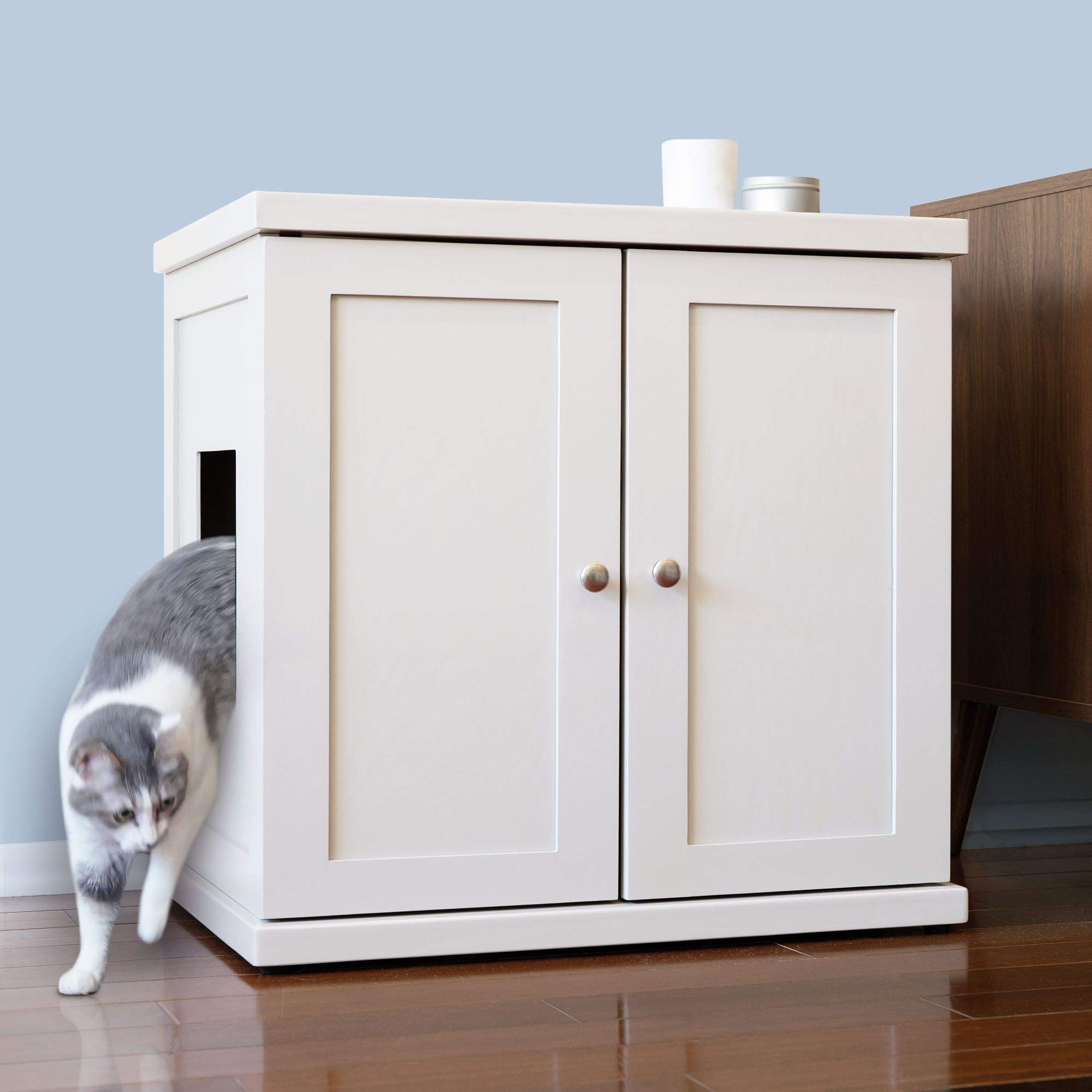 **Modern White Cat Litter Box Enclosure Cabinet with Adjustable Levelers & Hidden Drawer – Large Hidden Litter Cat Furniture for Home, Living Room, or Bedroom**
