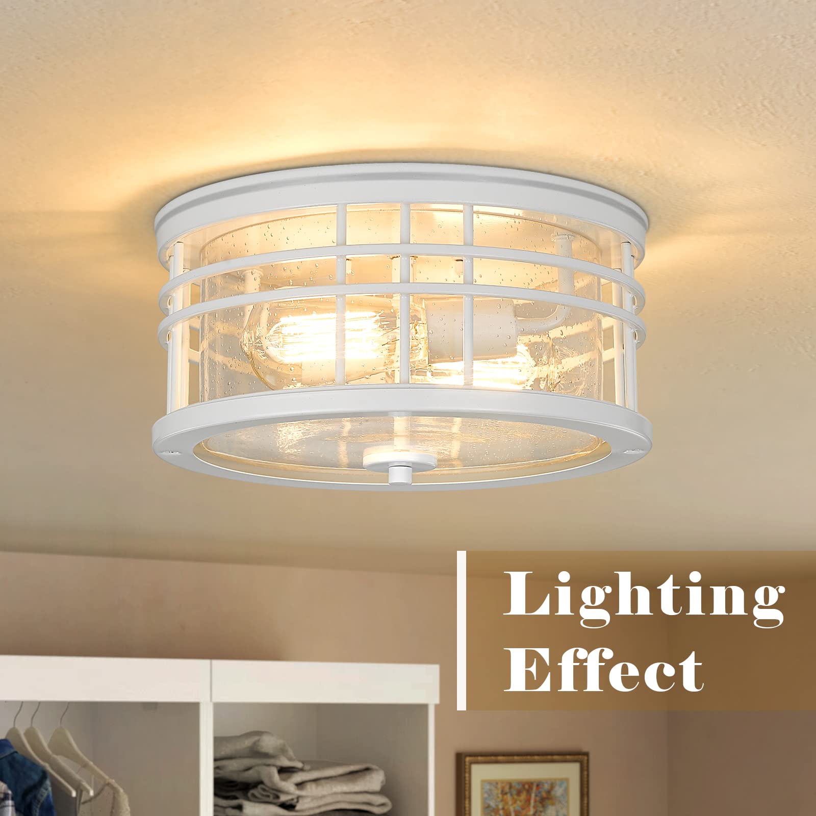Modern Flush Mount Ceiling Light Fixture - 12 Inch White Seeded Glass LED Light for Kitchen, Bedroom, Laundry Room - Perfect for Modern Home, Apartment and Office Lighting - ZW01-F WH