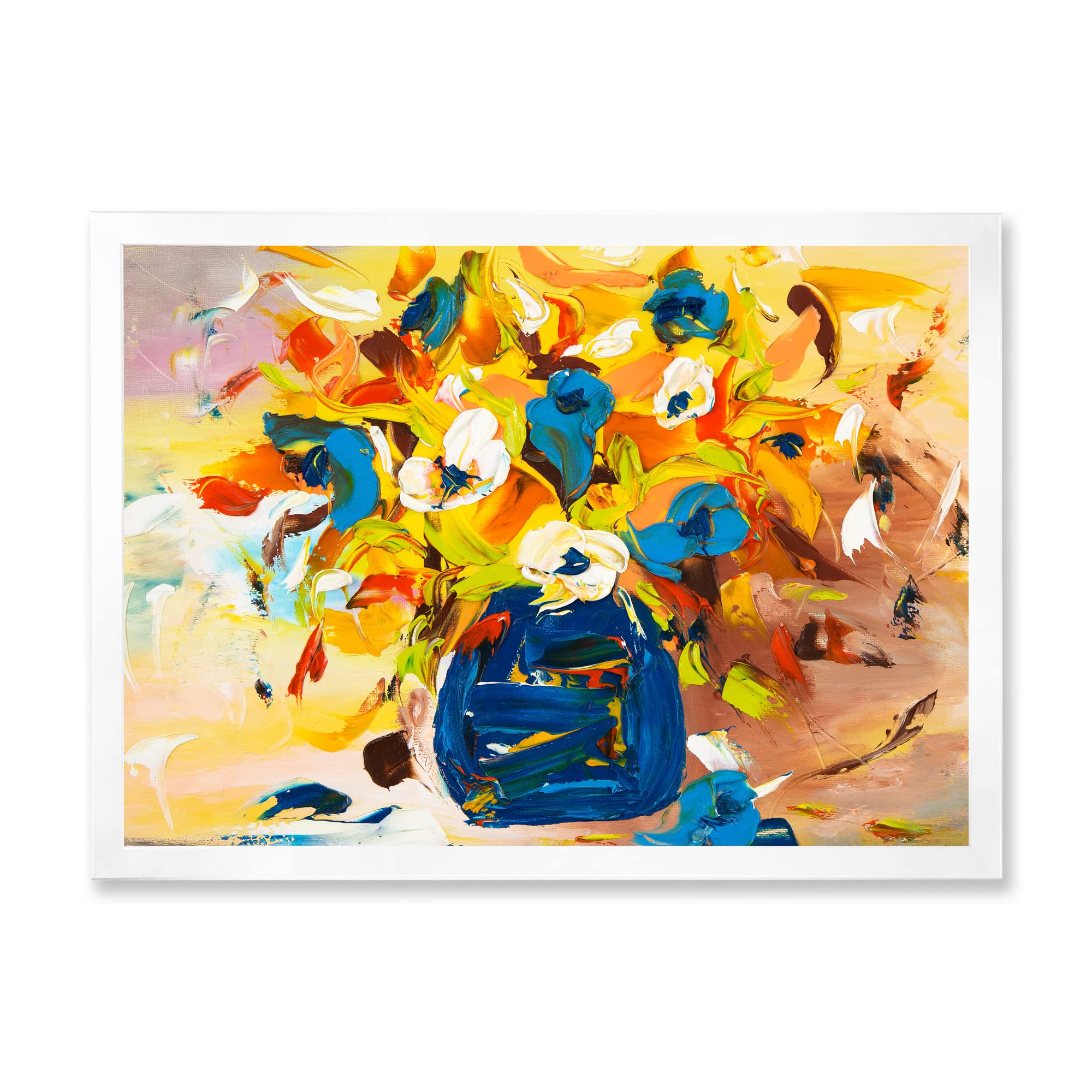 DesignQ Vibrant Yellow and Blue Flower Bouquet Framed Wall Art - Perfect for Living Room, Bedroom & Office Decor