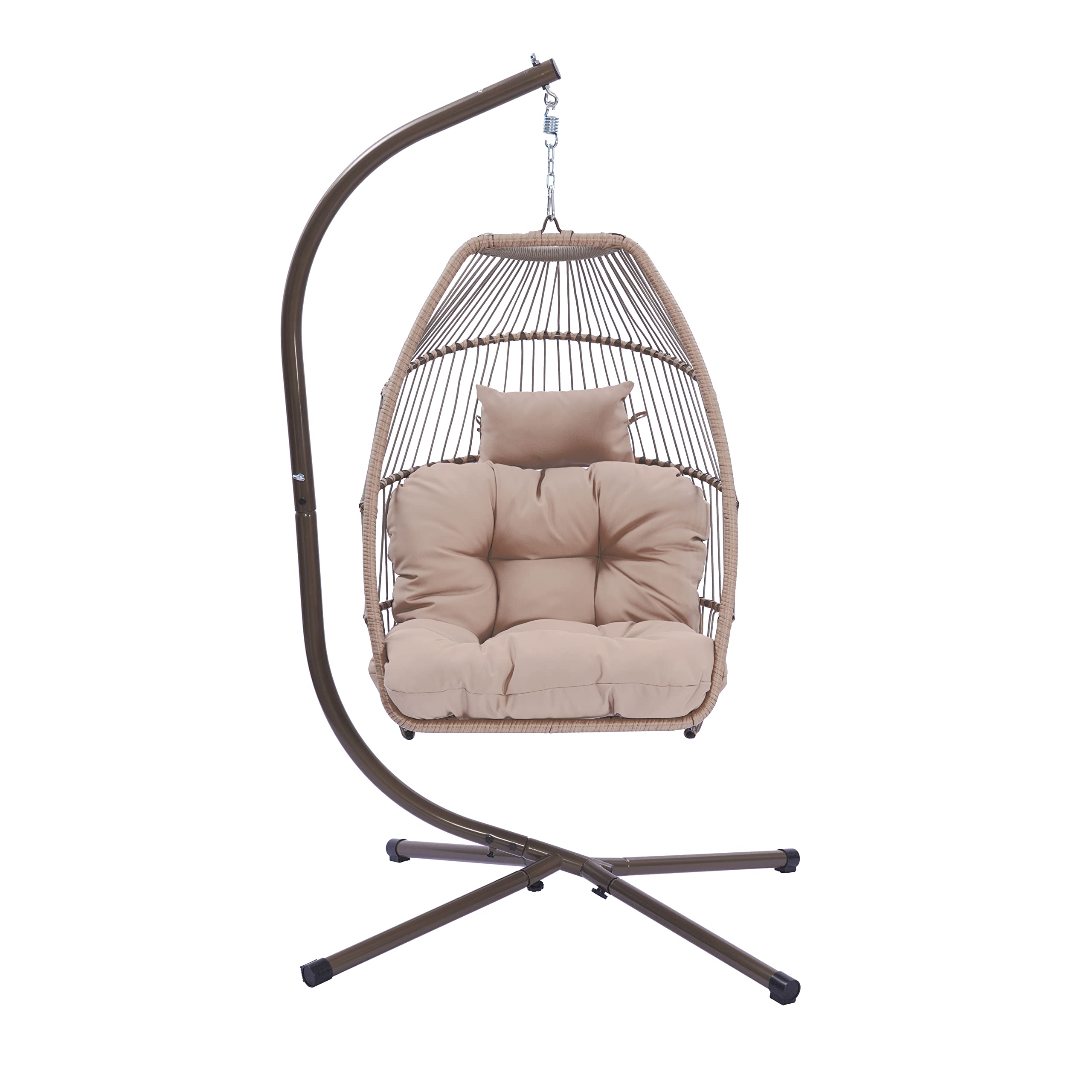 Outdoor Patio Wicker Folding Hanging Chair - Rattan Swing Hammock Egg Chair with Cushion & Pillow - Perfect for Backyard, Garden, Balcony Relaxation