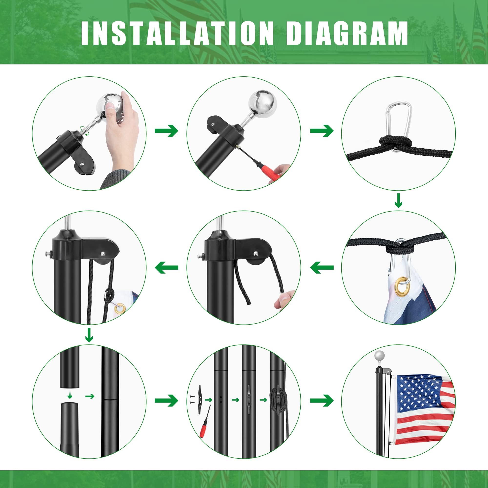 16FT Heavy Duty Aluminum Flag Pole Kit for Outside - 14 Gauge Thick Sectional In-Ground Flagpole with 3x5 American Flag, Perfect for Yard, Residential & Commercial Use | Outdoor Decoration, Patriotic Display, Home & Business Landscaping