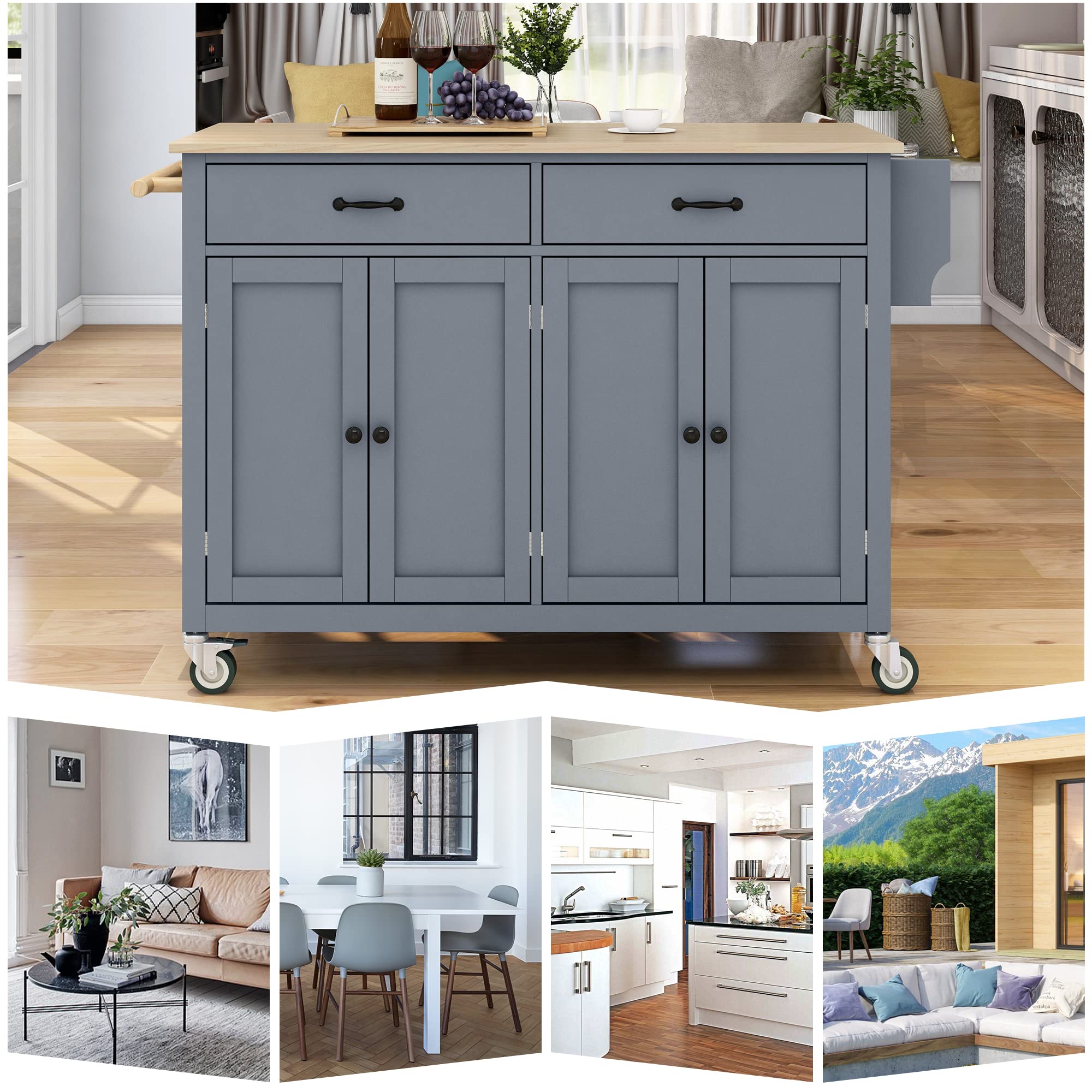 MERITLINE Mobile Kitchen Island with Storage & Wheels, Rolling Kitchen Cart Cabinet with Adjustable Shelves, Drawer, Spice & Towel Rack, Large Solid Wood Top - Grey | Portable Workstation for Small Kitchens, Dining Room Organizer, Breakfast Bar & Food Prep Station