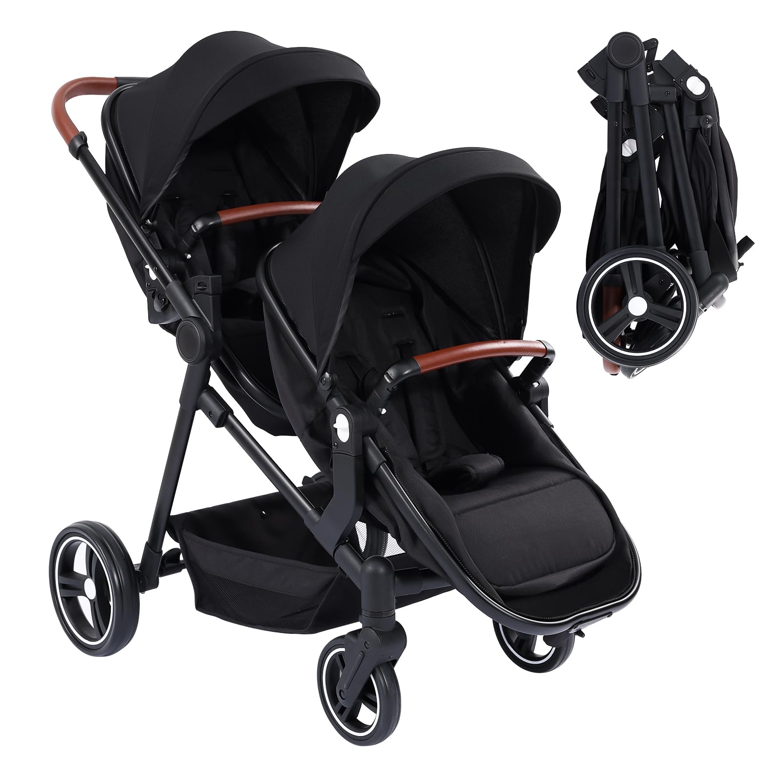 Double Stroller for Infants and Toddlers | Foldable Tandem Baby Stroller with Reversible Seat & Bassinet | Large Storage Basket, Adjustable Canopy & Backrest | Perfect for Twins, Siblings or Newborns | Ideal for Shopping, Travel & Daily Walks (Black)