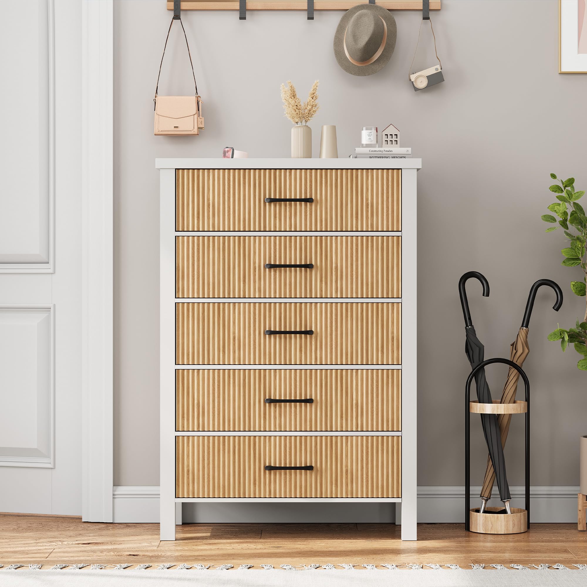 Modern White 5-Drawer Dresser for Bedroom - Solid Wood Legs, Fluted Design Tall Chest of Drawers - Large Wooden Storage for Clothes, Bedding & Accessories | Perfect for Bedroom, Living Room, Entryway & Hallway Organization
