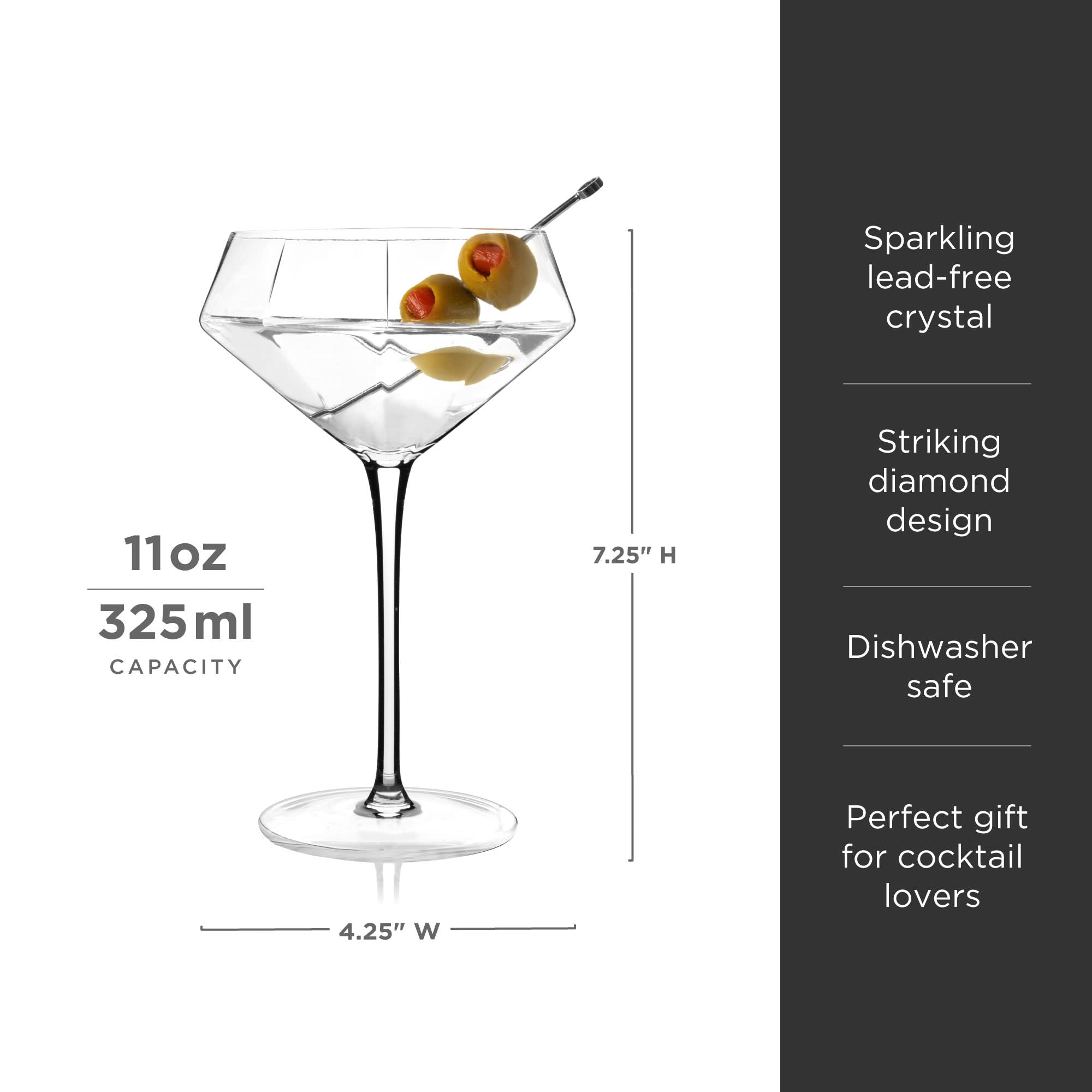 Premium Seneca Diamond Crystal Martini Glasses Set of 2 - Elegant Cocktail Glasses for Martinis, Margaritas & Champagne - Perfect for Home Bars, Dinner Parties & Romantic Evenings