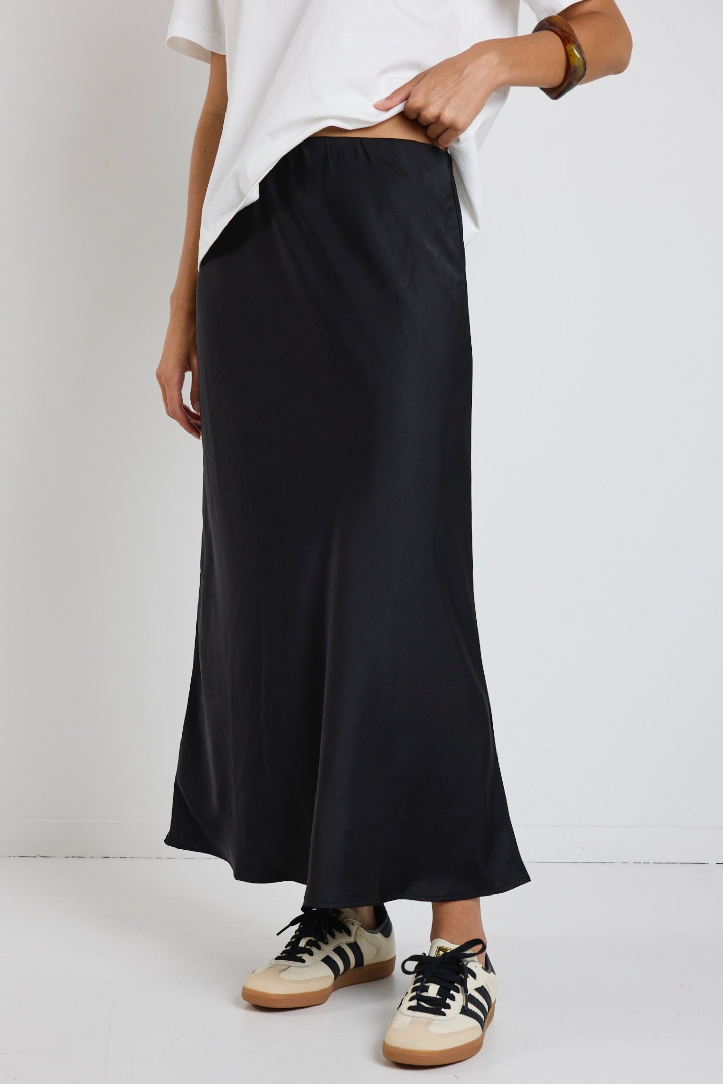 Rosette Black Satin Bias Midi Skirt for Women - Elegant A-Line Pleated Party Skirt - Perfect for Cocktail Dresses, Evening Wear & Special Occasions