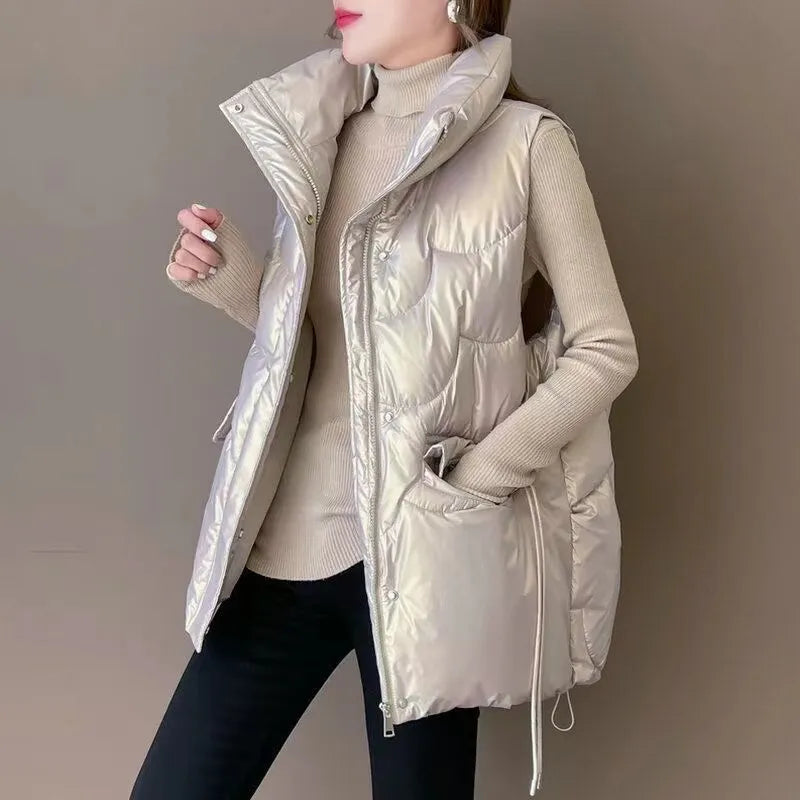 Elegant Women's Stand Collar Quilted Vest - Winter Warm Sleeveless Jacket for Women | Solid Color Casual Fashion Coat | Perfect for Office Wear, Outdoor Activities & Fall Layering