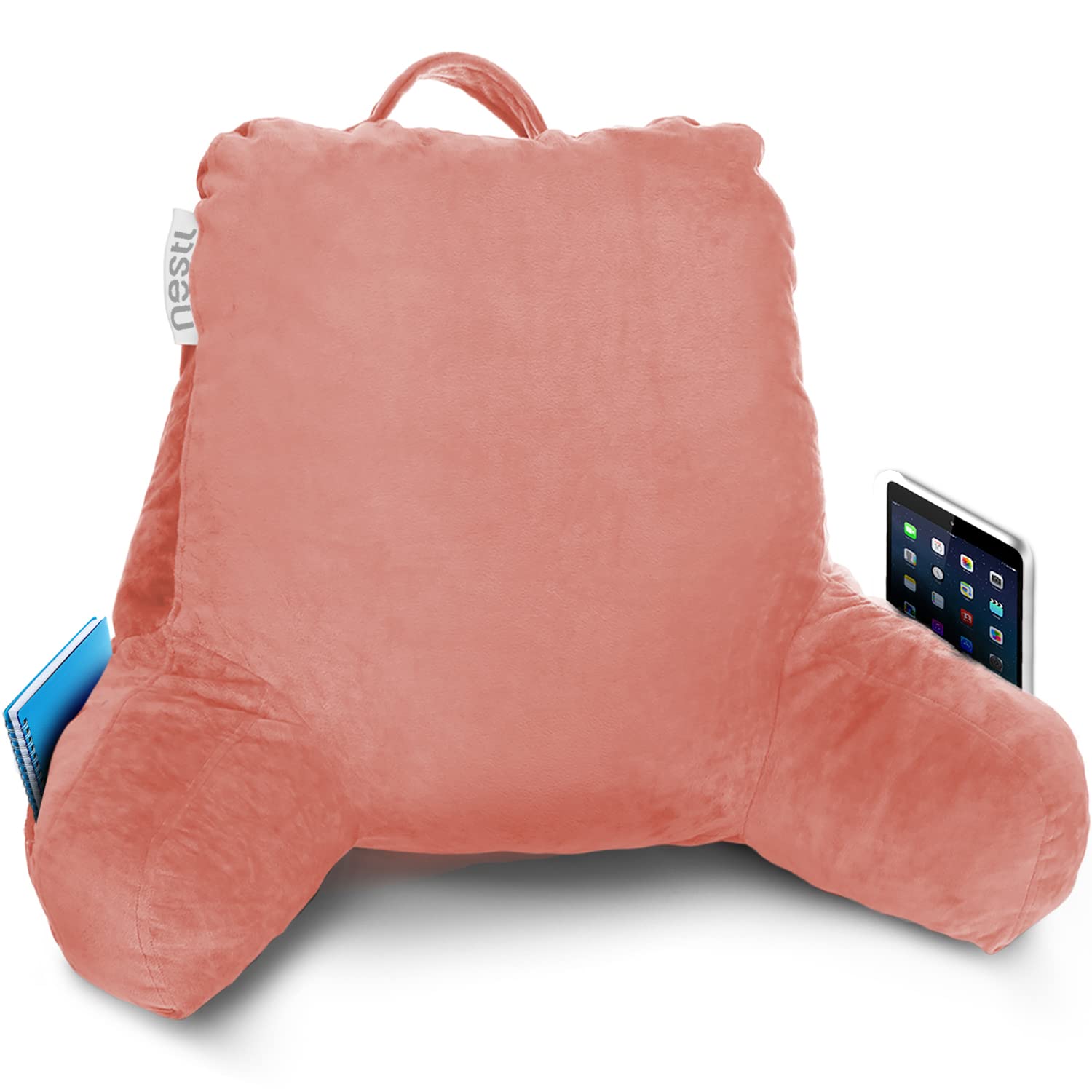 Nestl Reading Pillow with Shredded Memory Foam - Standard Bed Pillow for Back Support, Sitting in Bed, Reading & Relaxing - Misty Rose Backrest Pillow with Pockets - Perfect for Bed, Chair, Sofa & Arm Support