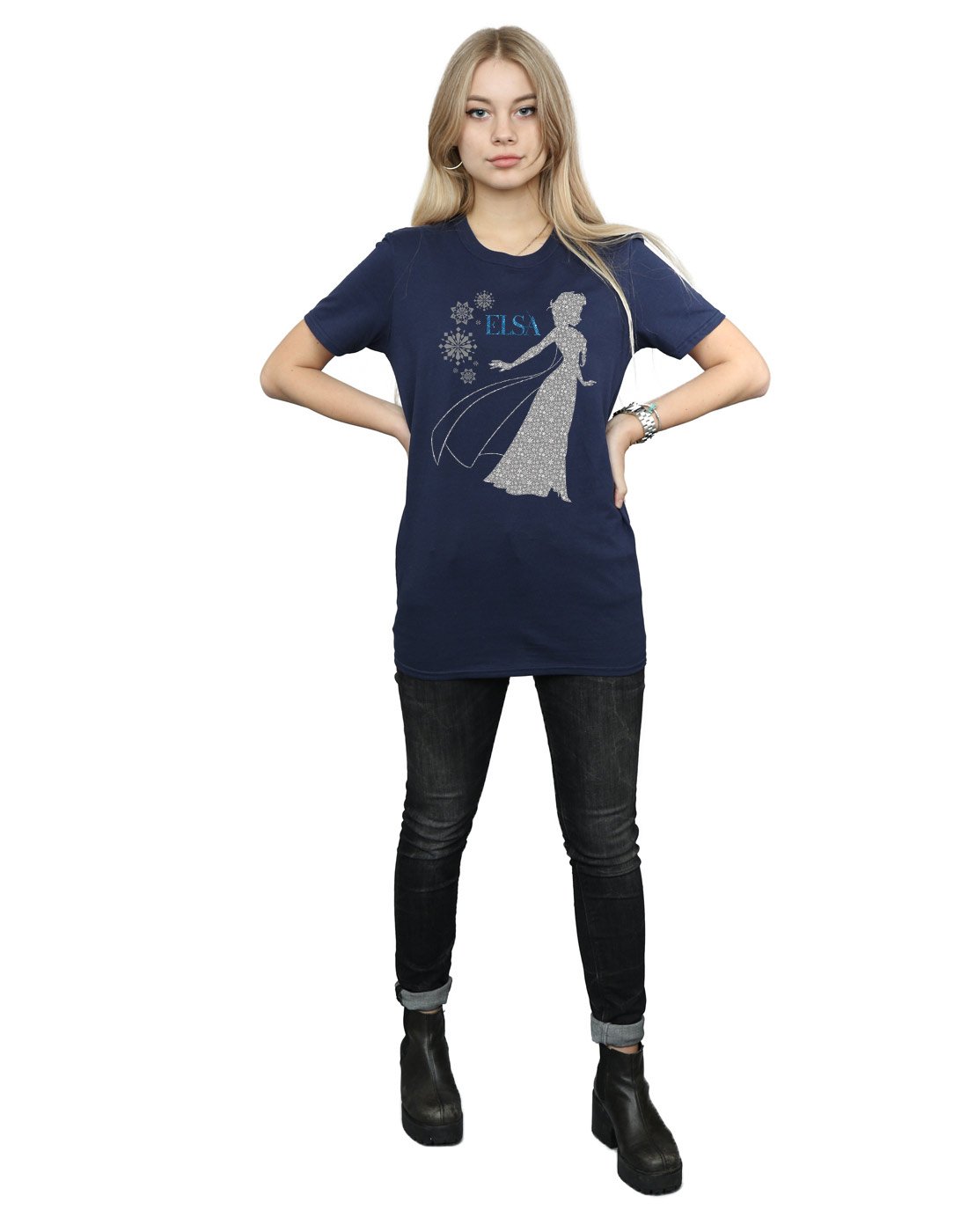 Disney Frozen Elsa Christmas Silhouette Women's Boyfriend Fit T-Shirt - X-Large Navy Blue | Casual Holiday Wear, Gift for Disney Fans, Christmas Party Outfit