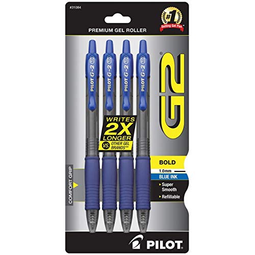 Pilot G2 Premium Gel Roller Pens - 1mm Bold Point (Pack of 4) Blue Ink - Smooth Writing for Office, School & Note Taking