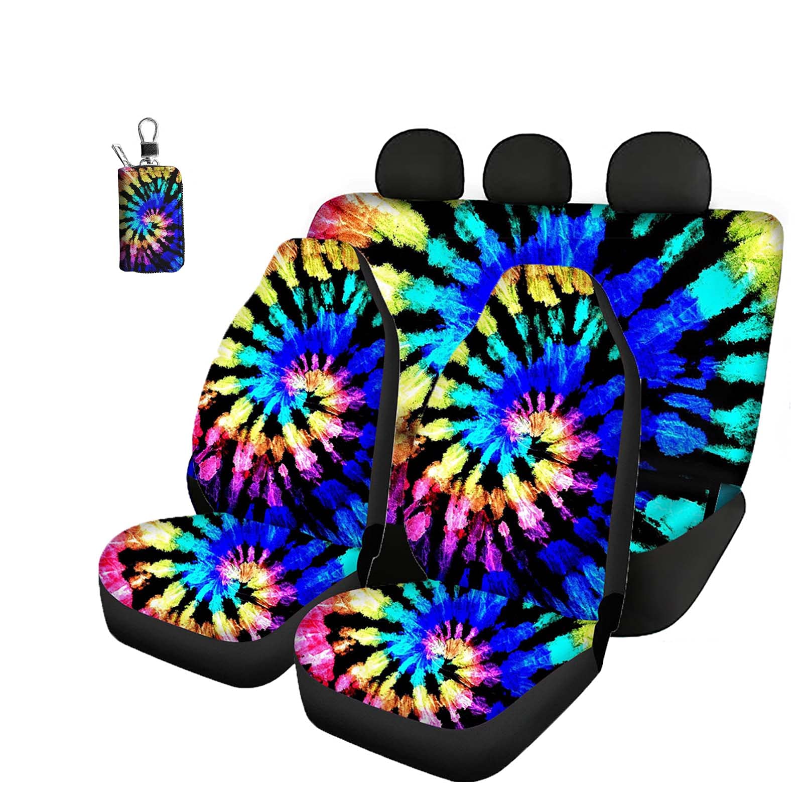 Yiekeluo Watercolor Tie Dye Print Car Seat Covers + Key Case Rings Bag - Universal Fit for Sedans, Vans & Trucks - Unisex Gift for Men & Women - Perfect for Road Trips & Daily Commutes