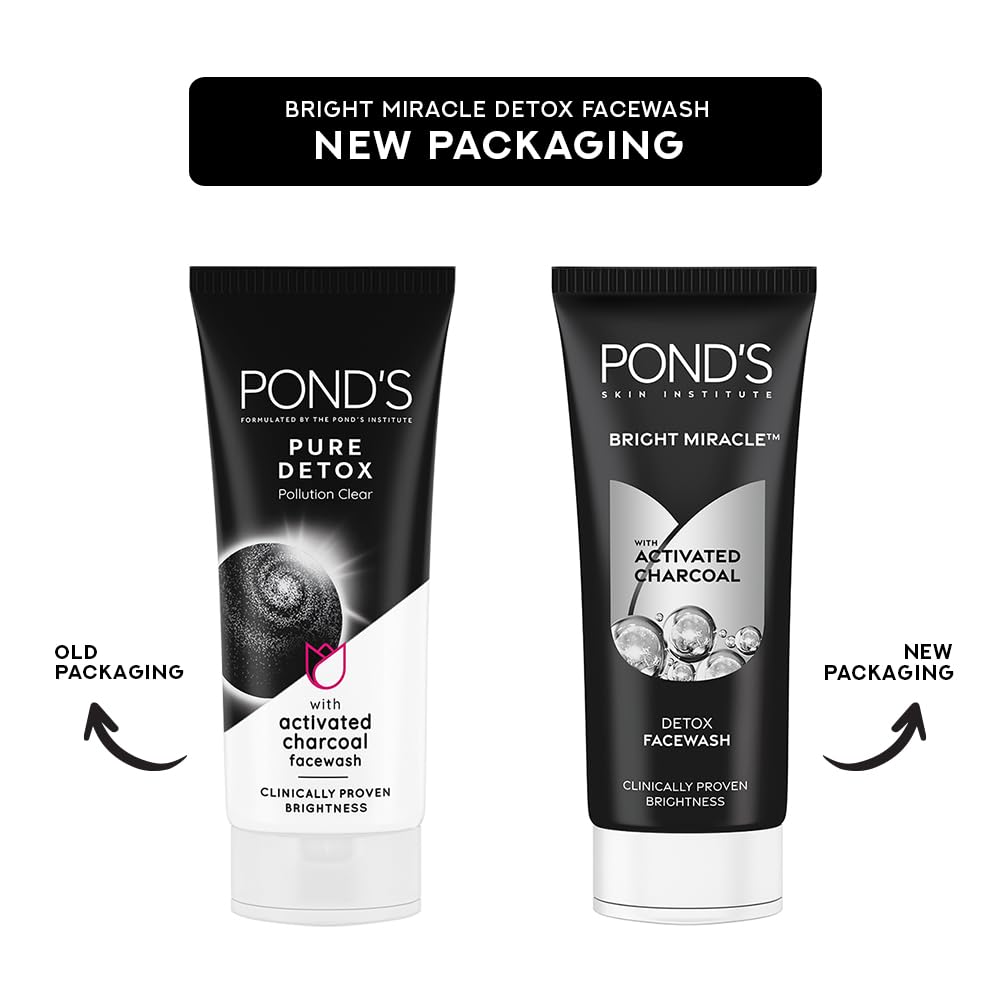 POND'S Bright Miracle Detox Face Wash with Activated Charcoal - Deep Cleansing for Glowing Skin | Removes Dirt, Oil & Pollution | 150g | Perfect for Daily Skincare Routine & Post-Makeup Cleansing