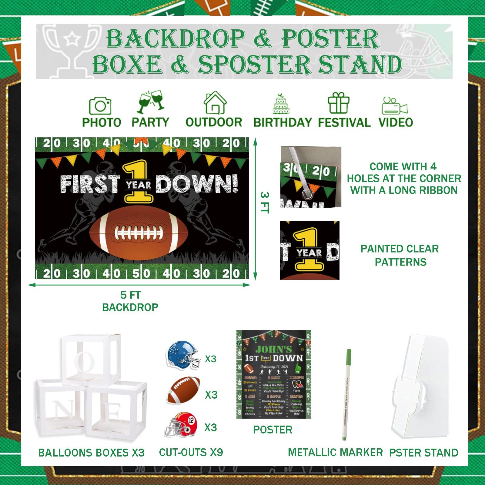 First Birthday Football Party Decorations Set - 136 PCs Balloon Garland, Backdrop, Highchair Banner, Cake Topper & More for Touchdown-Themed 1st Year Celebration | Perfect for Baby Boy's Football Birthday Party Decor & Photo Shoots