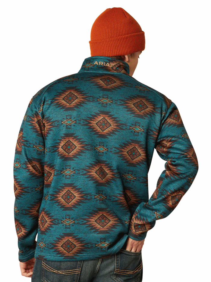 Ariat Men's Caldwell Logo Sweater - Blue Coral Southwest Style Pullover for Casual Wear & Outdoor Activities