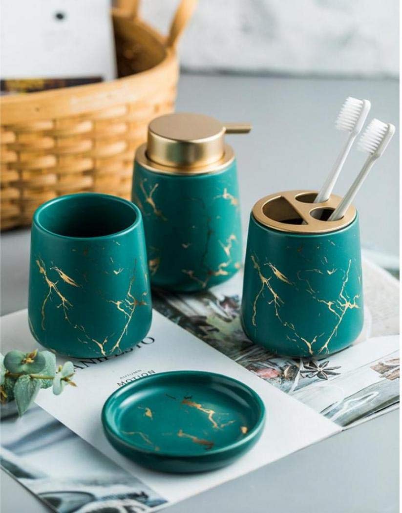 Luxury 4-Piece Marble Pattern Ceramic Bathroom Accessories Set - Soap Dispenser, Toothbrush Holder, Tumbler & Tray - Modern Bathroom Decor for Home & Hotel (Dark Green) | Elegant Spa-Style Upgrade for Master Bath & Guest Powder Room