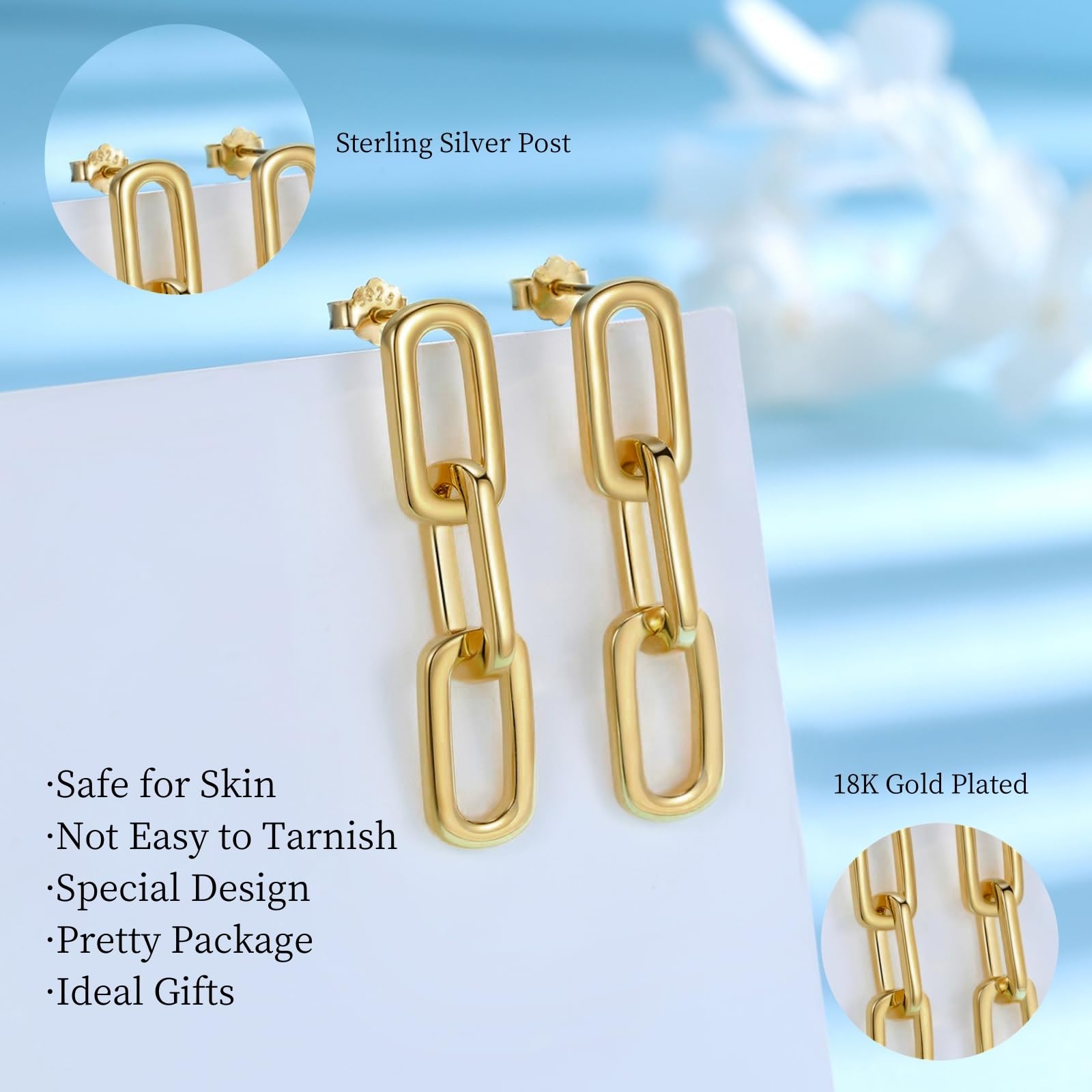 925 Sterling Silver Gold Chain Earrings - Paperclip Drop Dangle Earrings for Women | Trendy Link Design | Perfect Gift for Birthday, Anniversary & Everyday Wear