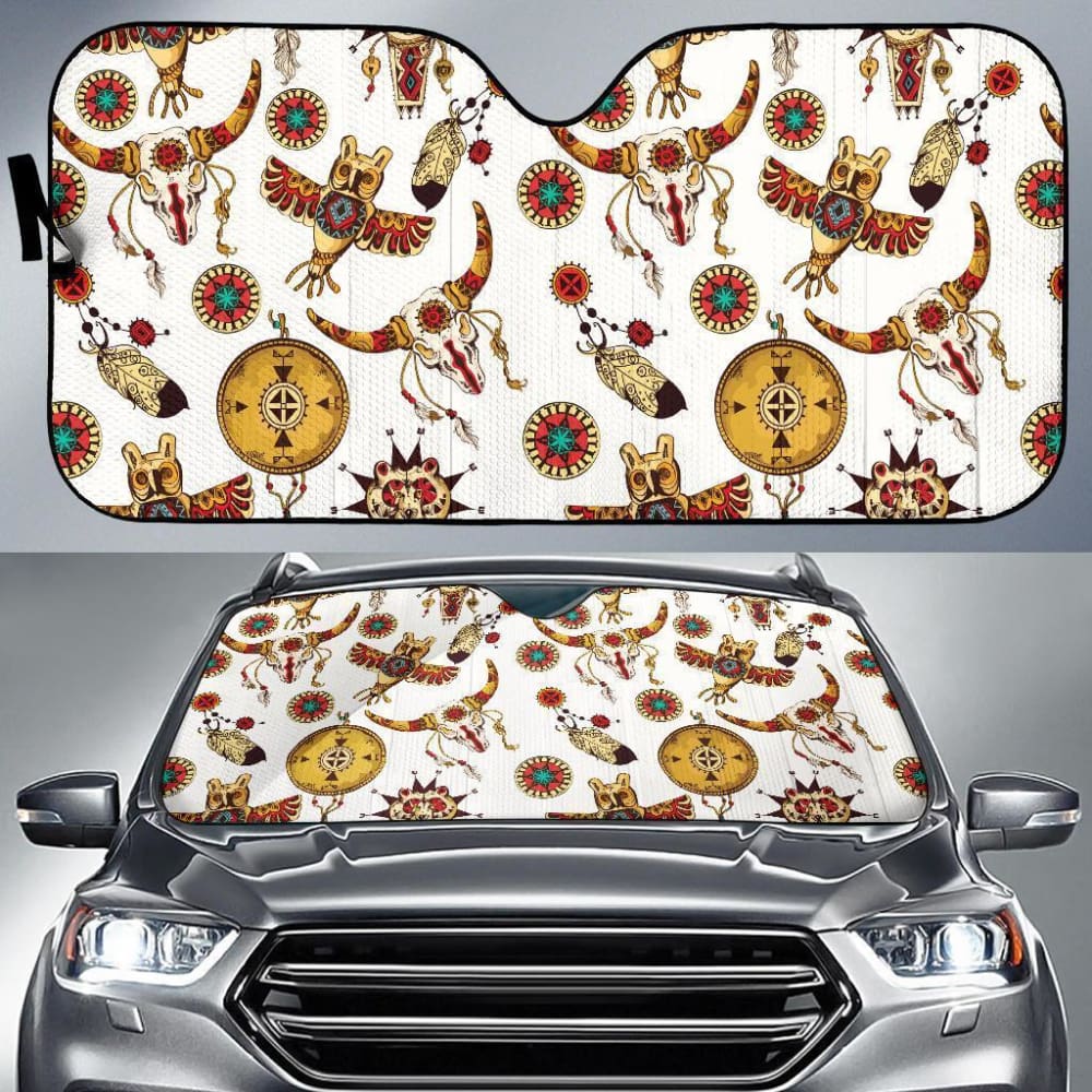Authentic Bison Owl Feather Native American Car Sun Shade - Handmade Tribal Windshield Sun Visor for Summer Heat Protection | Perfect for Road Trips, Camping & Outdoor Adventures