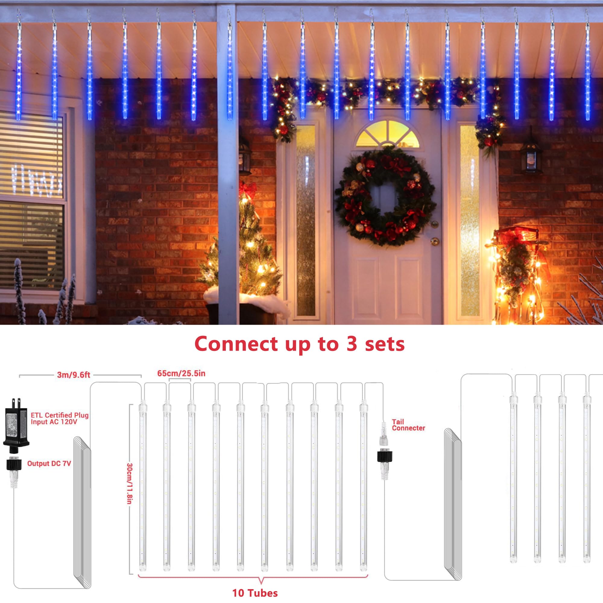 Joomer 11.8 Inch 240 LED Christmas Meteor Shower Lights - 10 Tube Waterproof Outdoor Snowfall Icicle Cascading Lights with Timer & Connectable Design | Perfect for Holiday Decorations, Winter Weddings, and Outdoor Party Lighting (Blue)