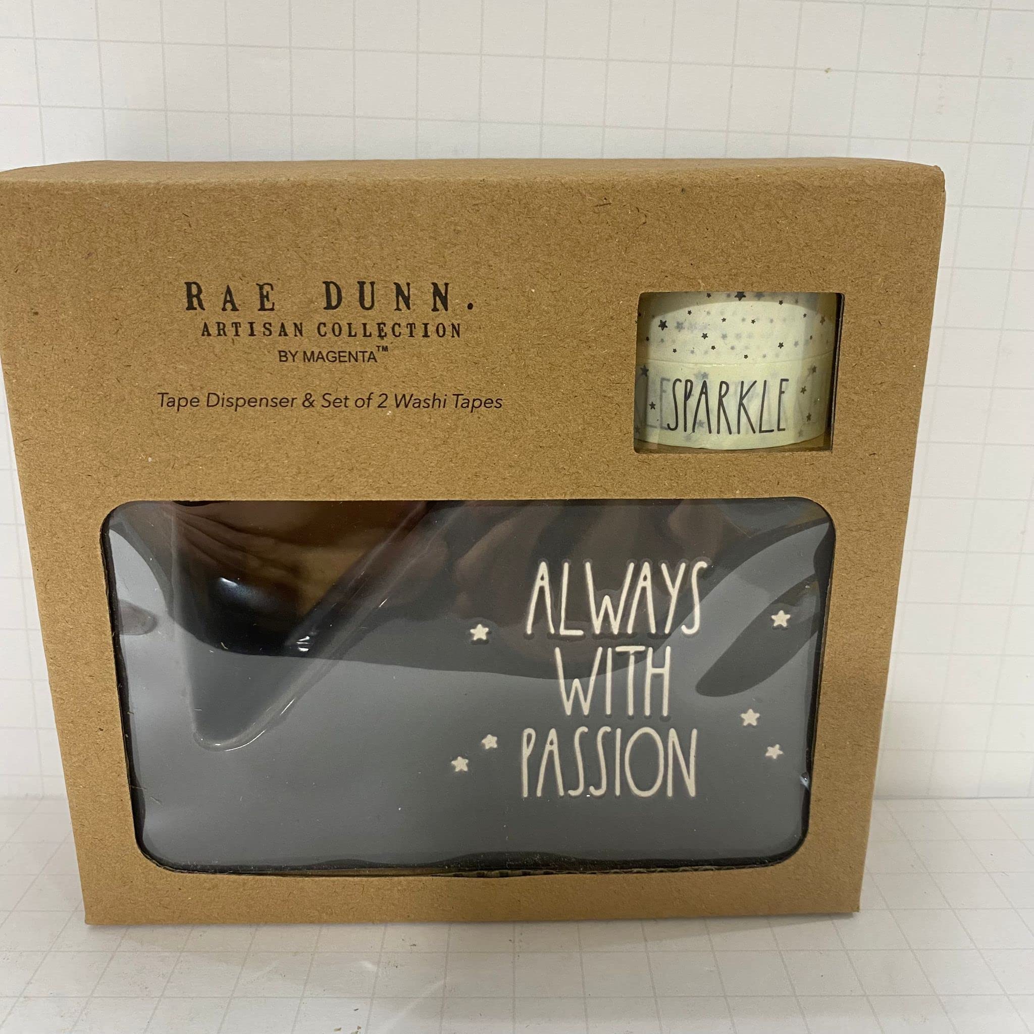 Rae Dunn Always with Passion Ceramic Tape Dispenser with Sparkle Tape - Black - Home & Office Desk Organizer for Gift Giving & Crafting