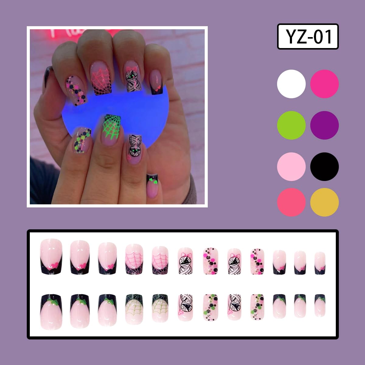 24 Pcs Halloween Press on Nails - Medium Square Fake Nails with Glow in Dark & Glitter Designs (Spider Web, Mummy) - Pink Glossy Full Cover Artificial Nails for Women - Perfect for Halloween Parties, Cosplay & Nail Art Enthusiasts