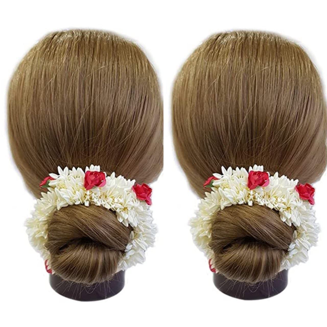 Delightfull Wears Rose and Mogra Rubber Band Gajra Hair Accessories - White Floral Hair Jewelry for Women (Pack of 2) | Perfect for Weddings, Parties, Festivals & Traditional Occasions