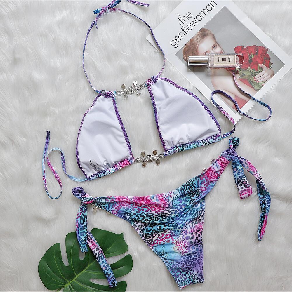 Sexy Hollow Leopard Print Bikini Set with Crystal Diamond Accents - Women's Luxe Swimwear for Beach & Pool Parties | Trendy Bathing Suit for Summer Vacation & Tropical Getaways