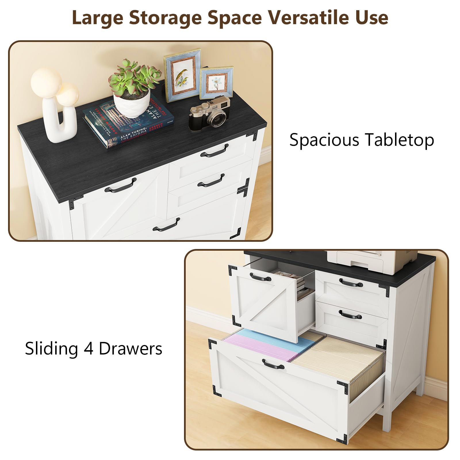 4-Drawer Farmhouse Lateral File Cabinet for Letter/Legal/A4 Files - Wooden Office Storage Cabinet with Hanging File System, Printer Stand for Home & Office (White/Black) - Perfect for Document Organization & Workspace Storage