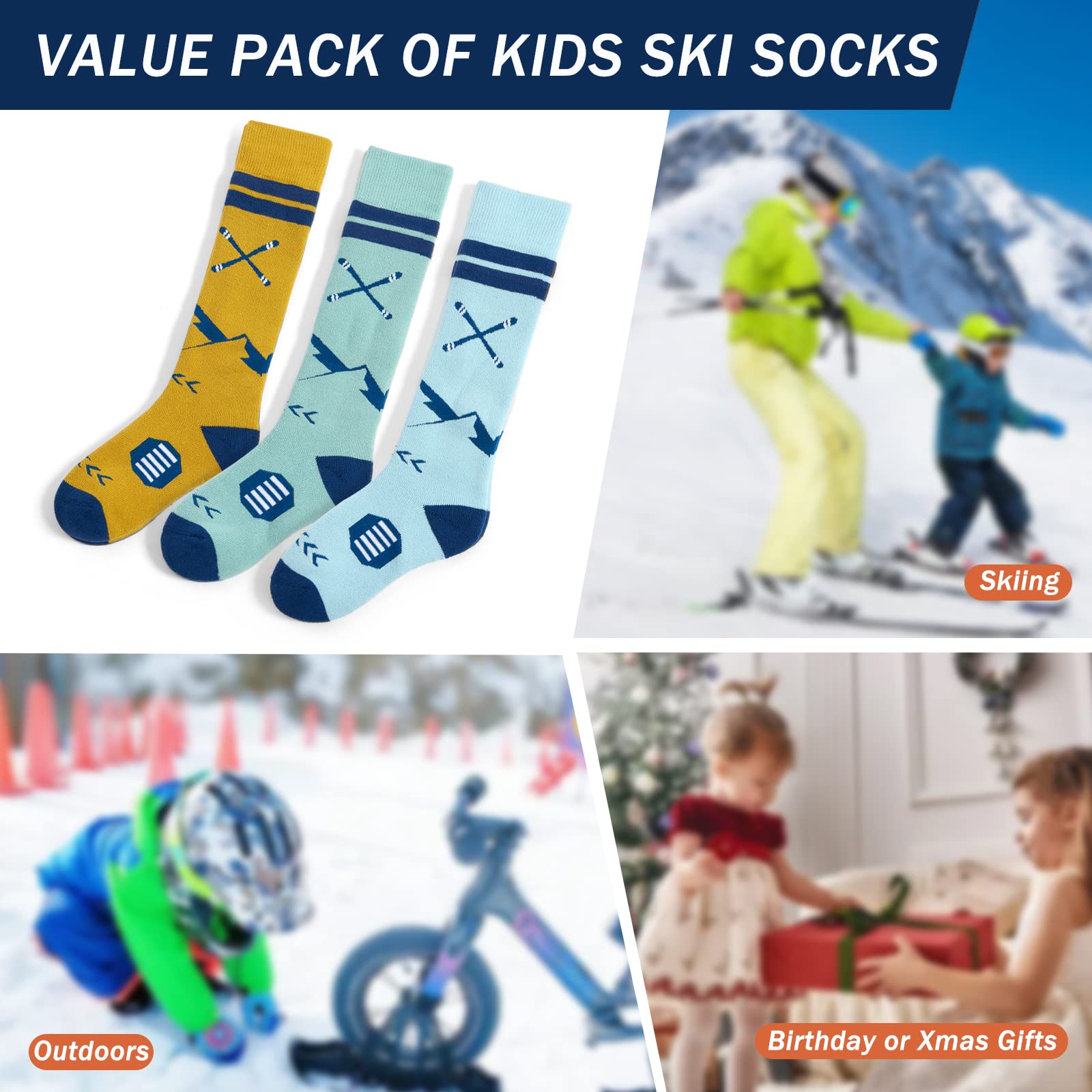 **Kids' Thermal Ski Socks for Boys & Girls - 3 Pack Warm Winter Snowboarding & Skating Socks - Thick & Cozy for Skiing, Snow Play & Outdoor Winter Activities**
