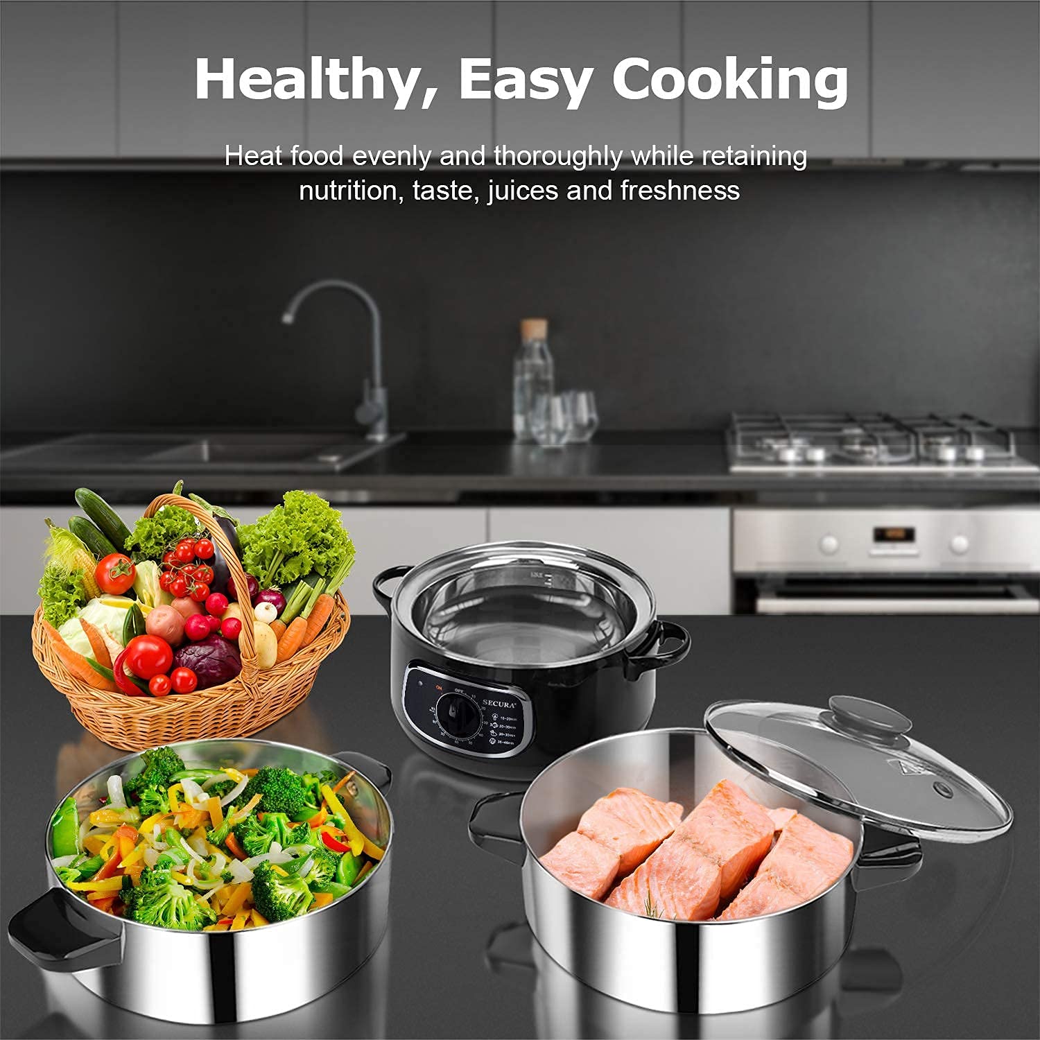 Secura 3-Tier Stainless Steel Food Steamer - Stackable Electric Steam Cooker with Timer for Vegetables, Dumplings & Seafood | Perfect for Healthy Cooking & Meal Prep