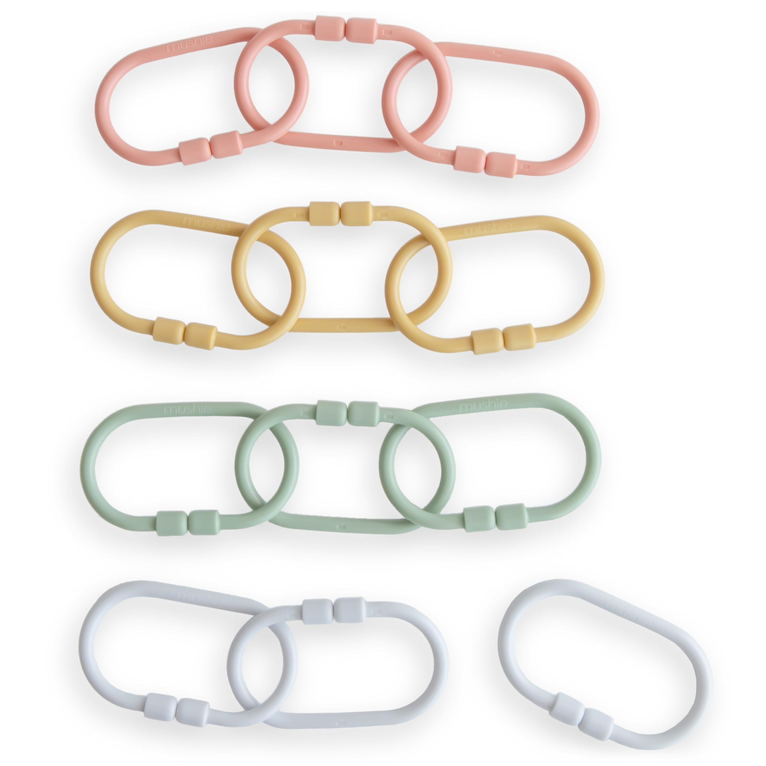 Mushie Baby Chain Link Rings Toy 12-Pack - Colorful Teething & Sensory Toy for Infants | Perfect for Car Seat, Stroller, Crib & Playtime (Periwinkle, Mustard, Green, Coral)